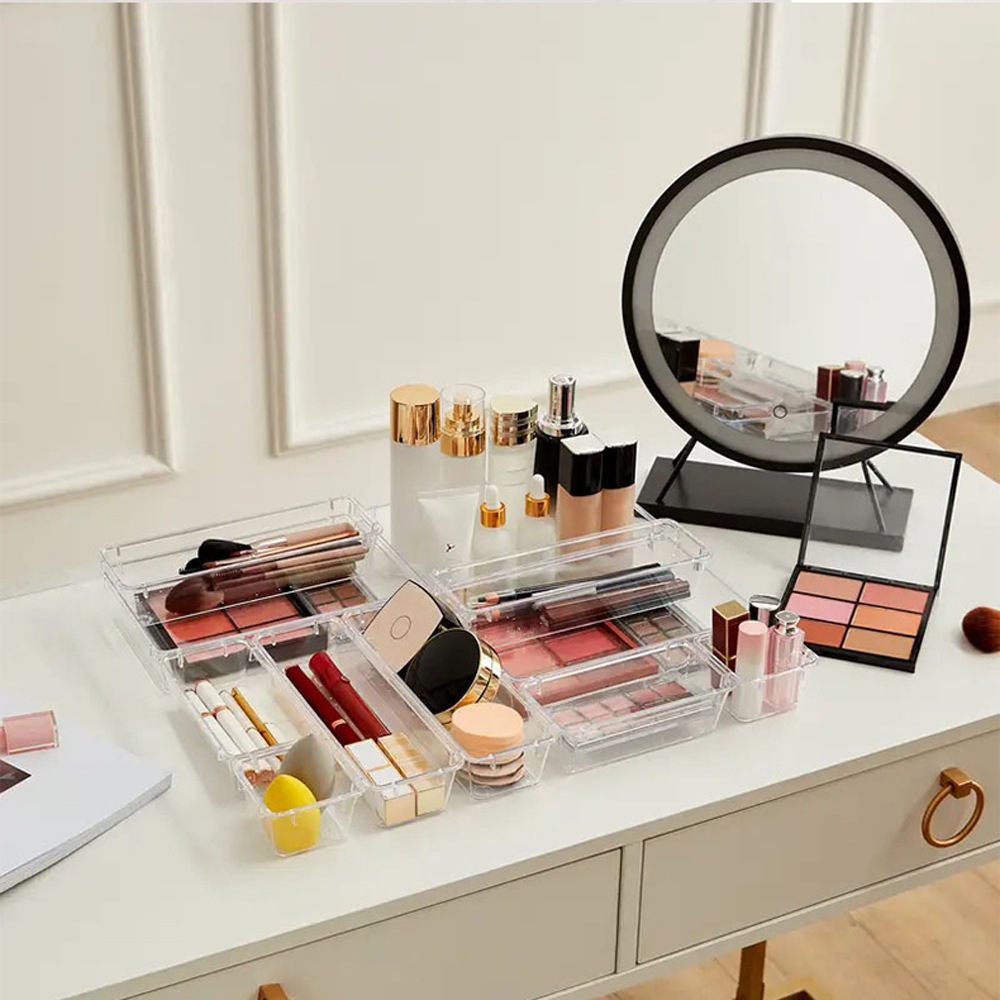 7PCS Pink Transparent Stackable Organizer Set - 4-Size Versatile Desktop & Drawer Divider — image 2