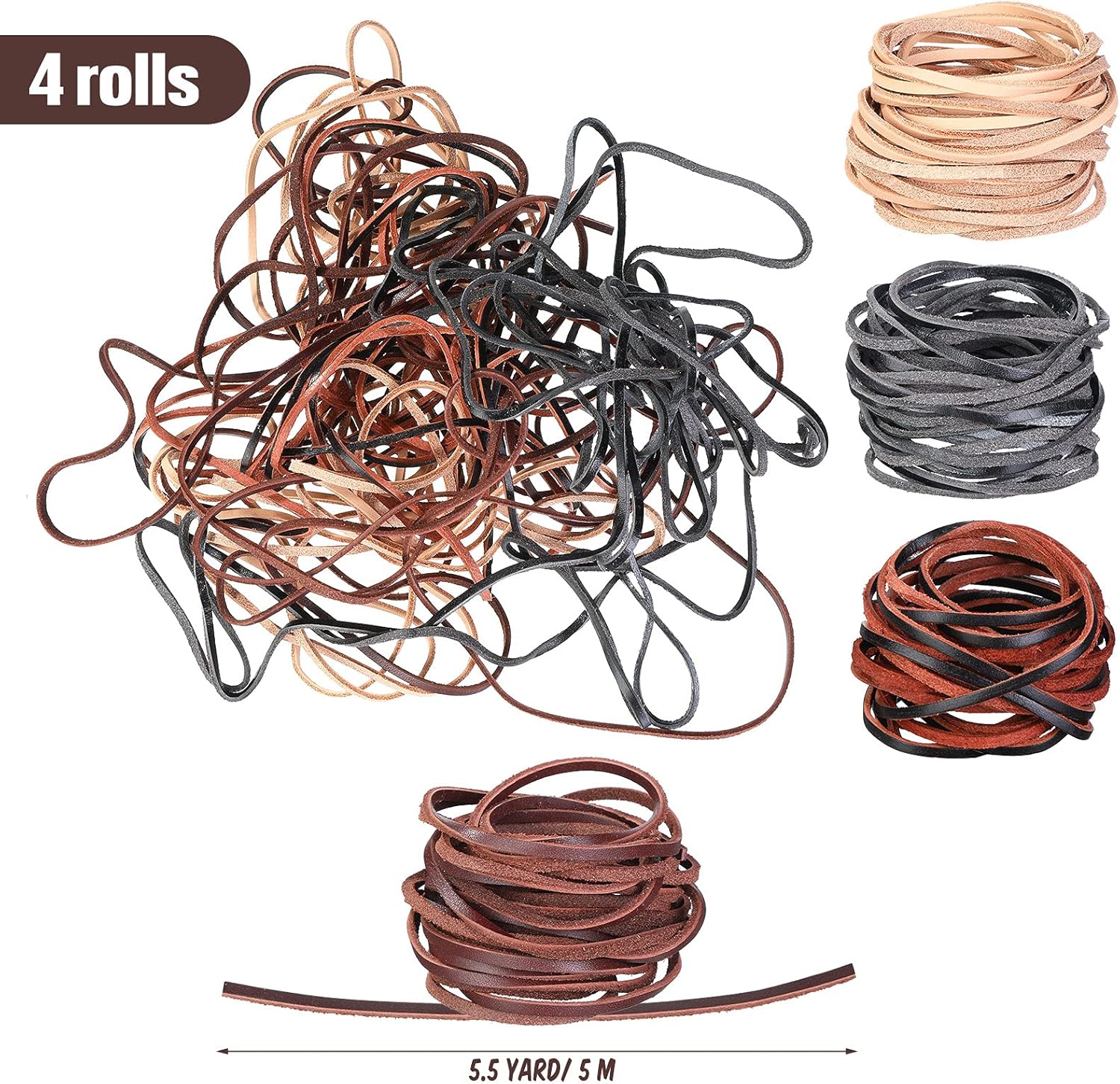 Cowhide rope - 4 rolls - 3mm - 5 meters - Real leather rope - Natural edge strip - Braided rope - Leather strip - DIY jewelry accessories - Braided bracelet — image 2