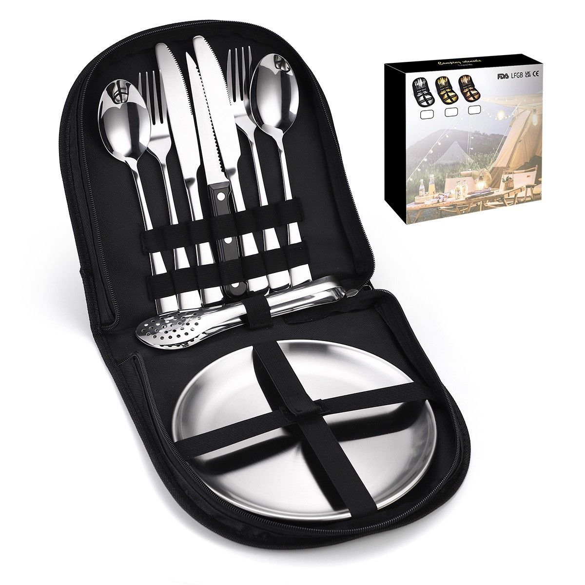 10Pcs Portable Camping Cutlery Set, Stainless Steel Picnic Utensils with Plates and Bottle Opener, Portable Cooking Utensils for 2, for Camping, Picnic
