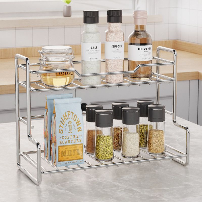 304 Stainless Steel Two Layers Tabletop Storage Rack Kitchen Spice Rack Bathroom Cosmetics Mouthwash Cup Organizer Shelf-Silver โ image 2