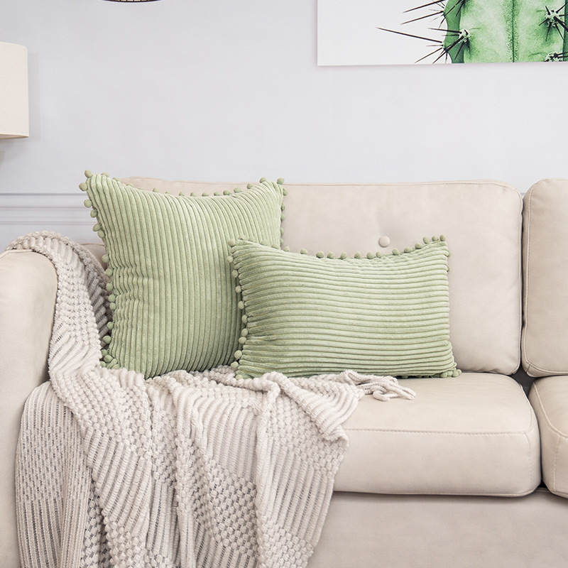 Light Green Soft Corduroy Cushion Cover Set (1 Square + 1 Rectangular) with Pom Trim - Decorative Throw Pillow Cases for Sofa Couch