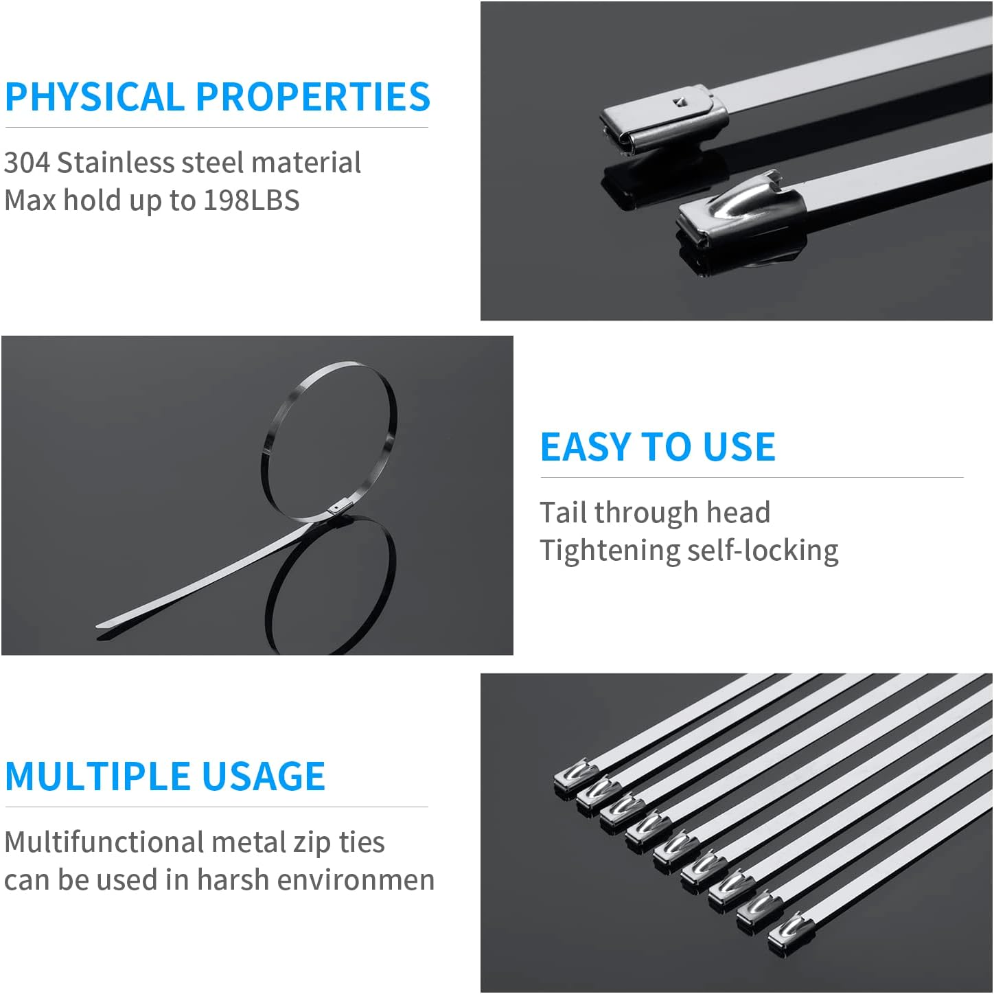 11.8 Inch Metal Zip Ties (200 Pack), 304 Stainless Steel Heavy Duty Zip Ties, 300lbs Tensile Strength, Multi-Purpose Self-locking Cable Ties for Exhaust Wrap — image 4