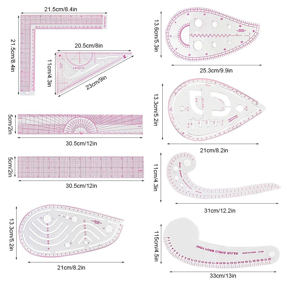 9 Piece Clear Metric Sewing Ruler Set, French Curves and Pattern Making Templates for Fashion Design, Tailoring, Drafting and Crafts โ image 3