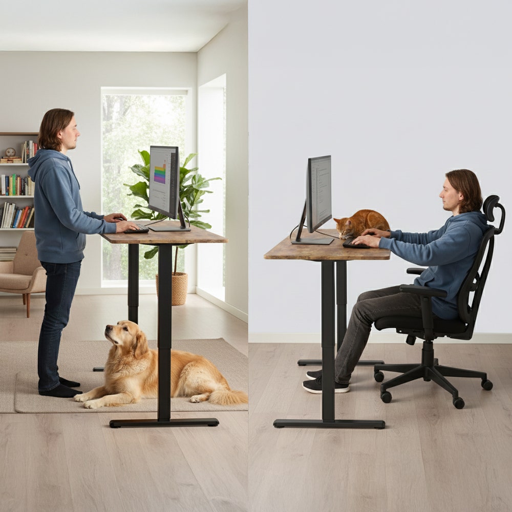 FORTIA Sit to Stand Standing Desk, 160x60cm, 72-118cm Electric Height Adjustable, Walnut Style Desktop/Black Frame โ image 3