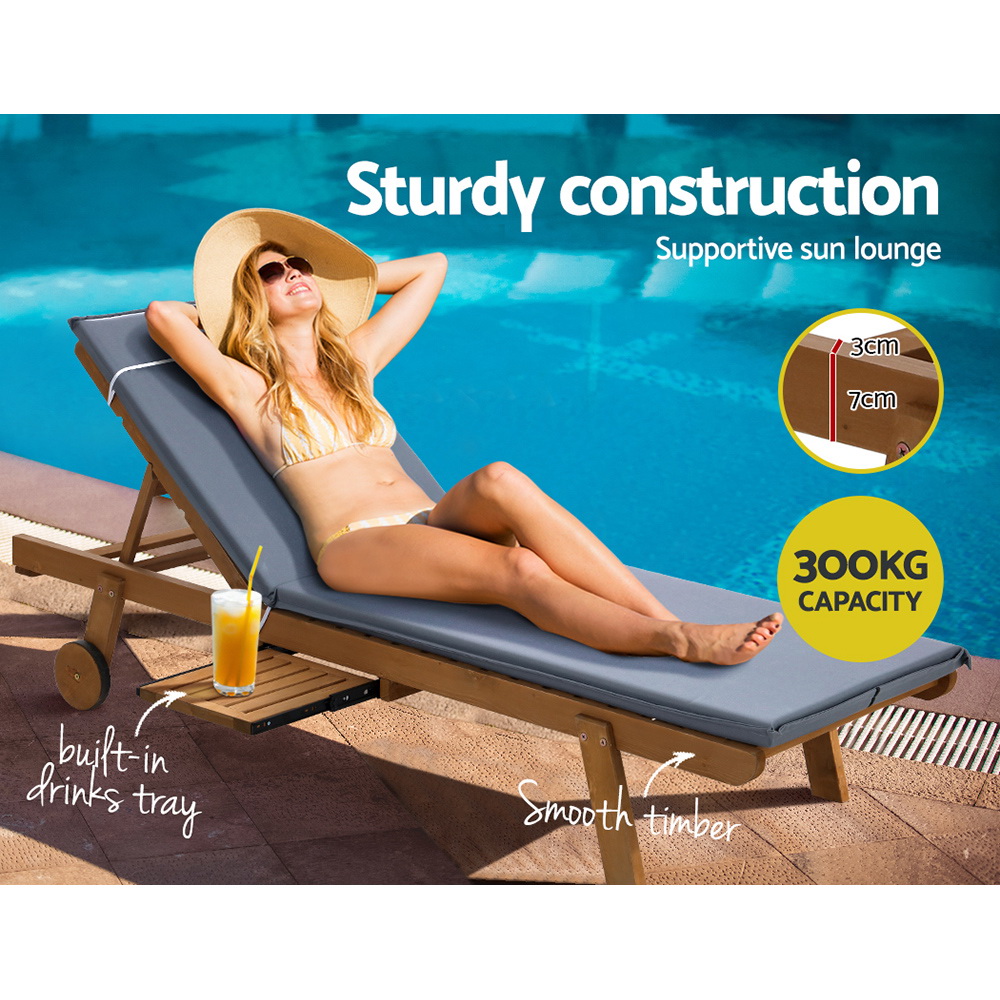 Gardeon 2x Sun Lounge Wooden Lounger Outdoor Furniture Day Bed Wheel Patio Grey โ image 4