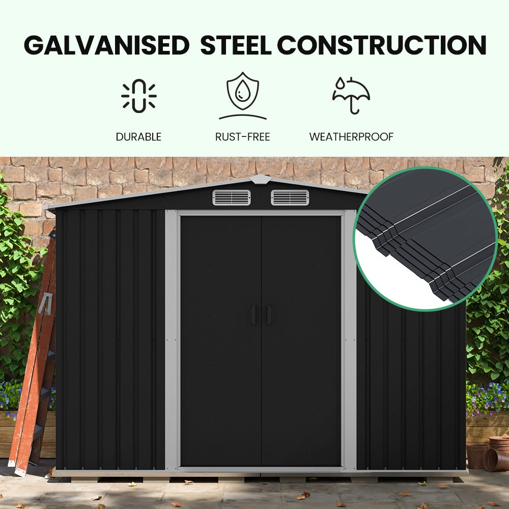 PLANTCRAFT Galvanised Steel Garden Shed 2.58 x 2.07 x 2.02m, with 2 Sliding Doors, 4 Air Vents, Gable Roof, Floor Frame, Black โ image 2