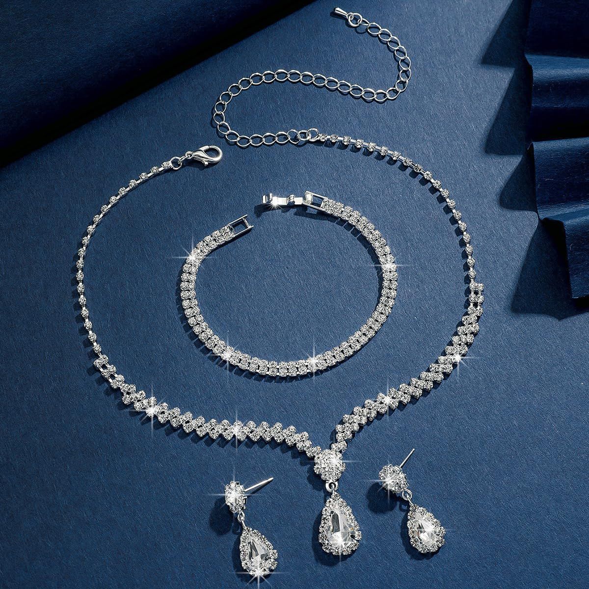 Wedding Jewelry for Bridal Bridesmaid Silver Rhinestone Jewelry Set Bride Crystal Necklace Earrings Set for Women Party Prom