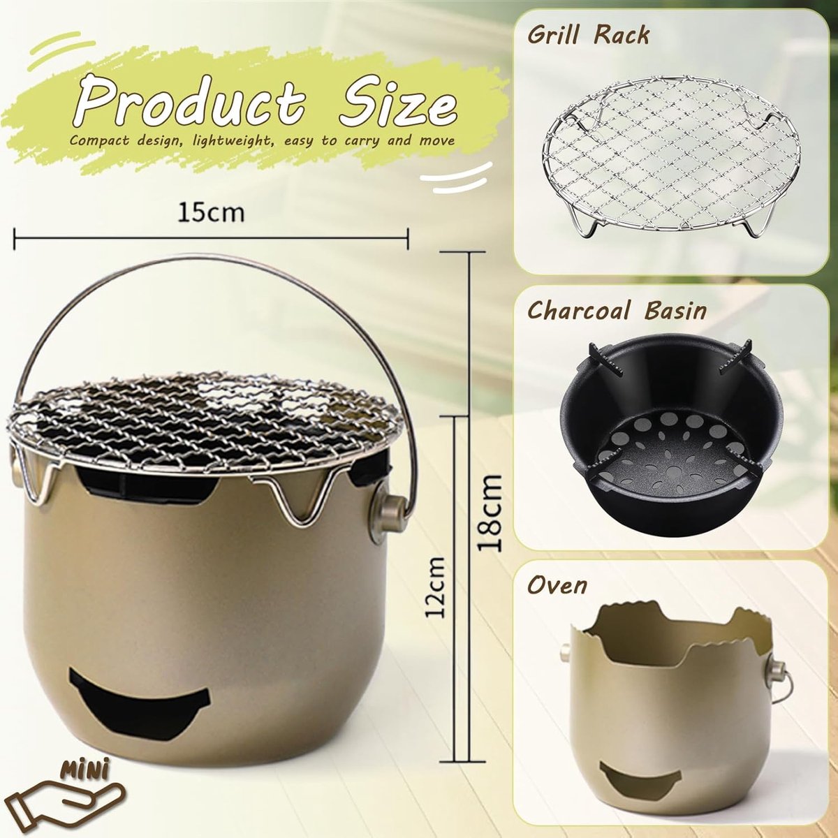 Grill - Portable Charcoal Grill - Mini Stainless Steel Charcoal Grill - Small Outdoor Grill - Suitable for Camping, Backyard BBQs, RVs and Picnics (Green) — image 2