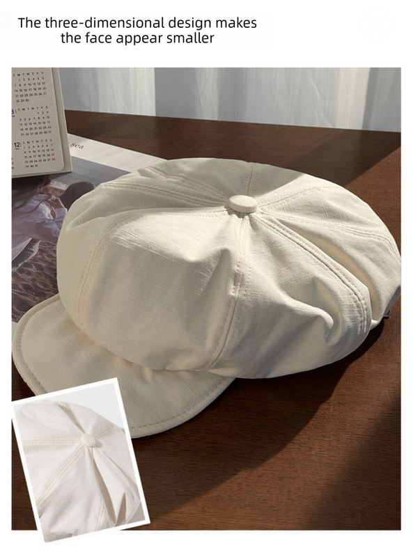 Women's Beige Newsboy Cap UPF50+ Sun Protection Cotton Blend Octagonal Beret Hat - Adjustable Breathable Baker Boy Style with Cute Button Detail — image 2
