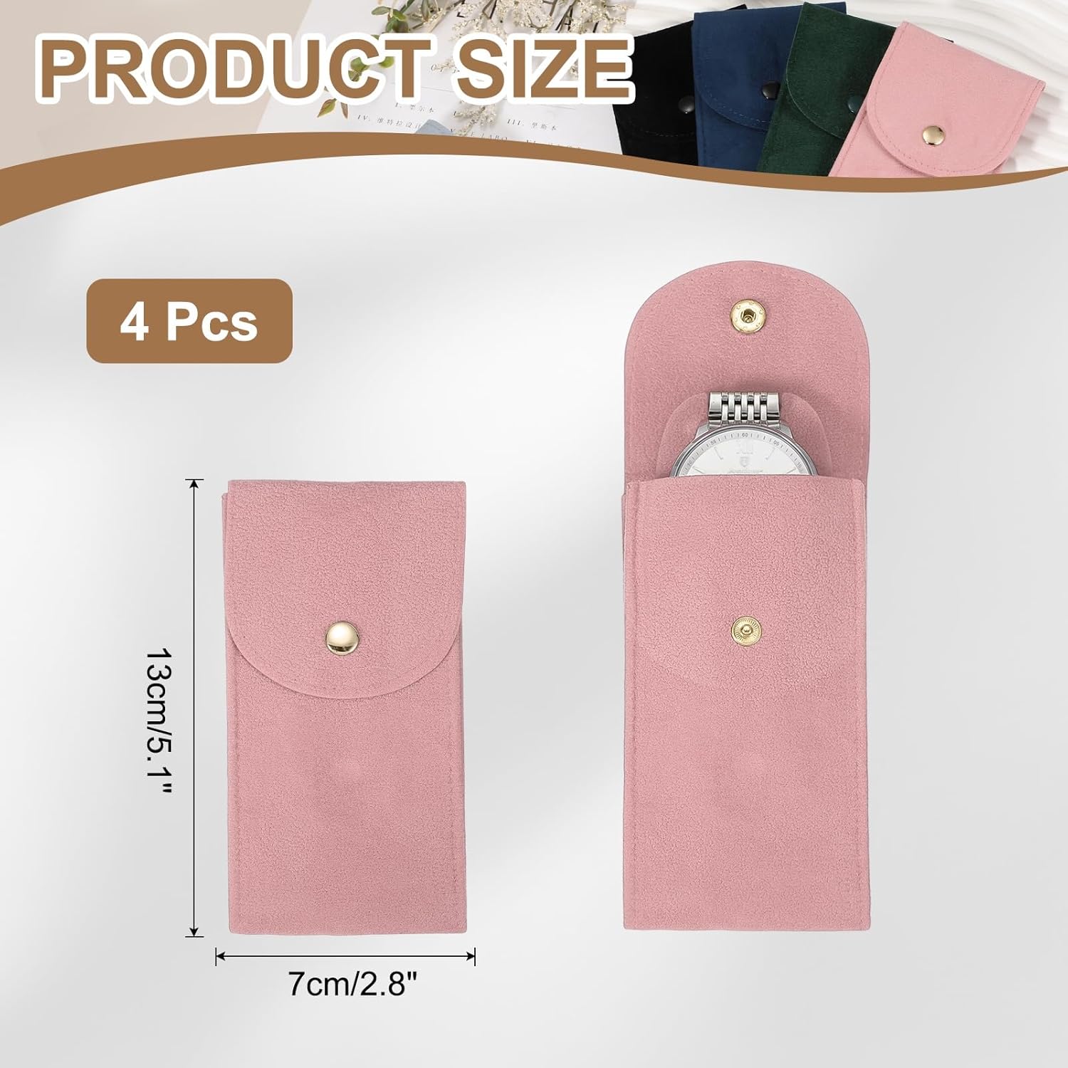 4 Pcs Velvet Watch Pouch, 5.1 x 2.8 Inch Portable Travel Case Jewelry Storage Bag Single Watch Storage Pouch for Men and Women with Snap Button for Travel โ image 2