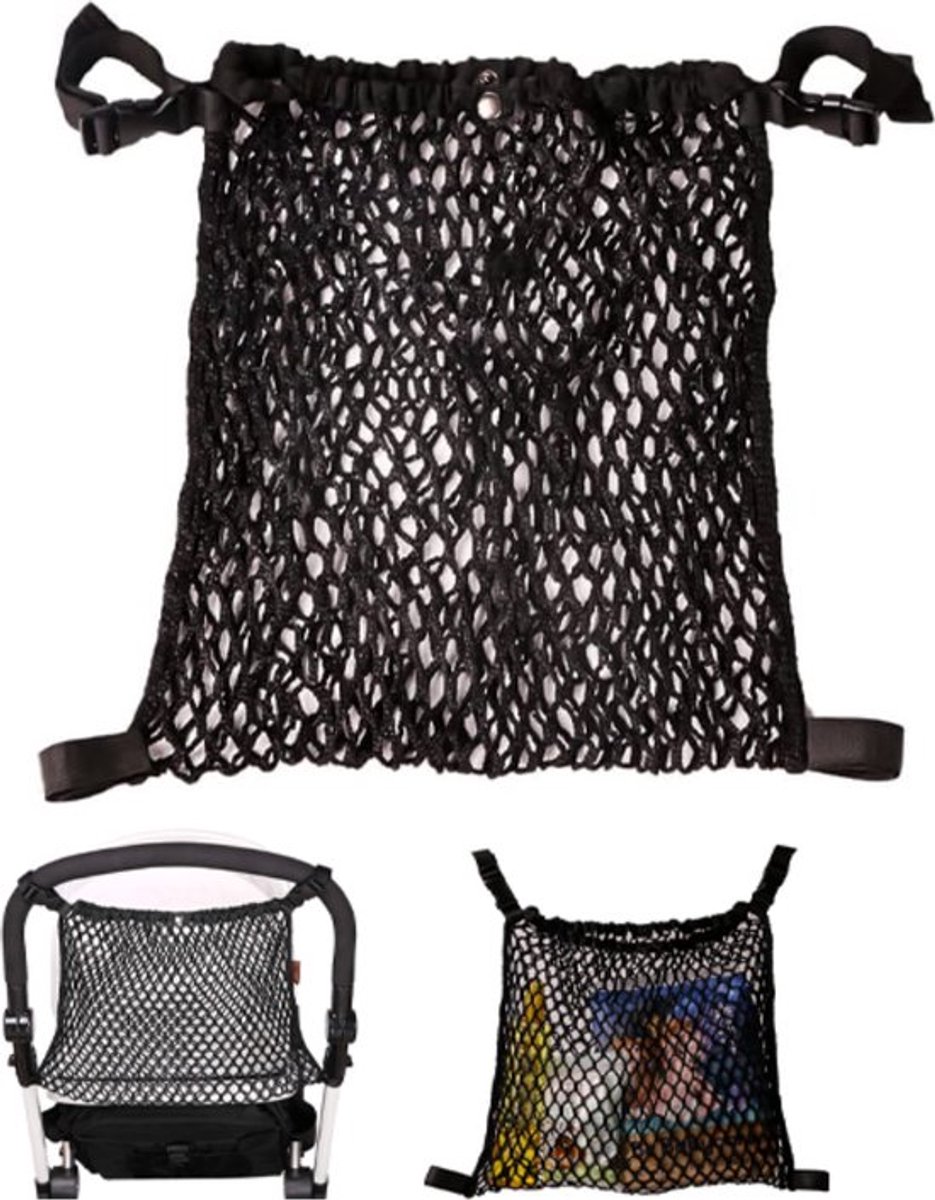Stroller Net - Stroller/Buggy Net - Buggy Stroller Organizer - Universal - Buggy Bag Organizer - Hanging Mesh Storage Bag - Stretch Material - 35x30 Cm - Black