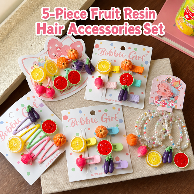 5-Piece Fruit Resin Hair Accessories Set with 5-Type Fruit Hair & Ear Clips, Hair Ties and Pearl Bracelet, Cute Colourful Summer Fruity Headwear Kit