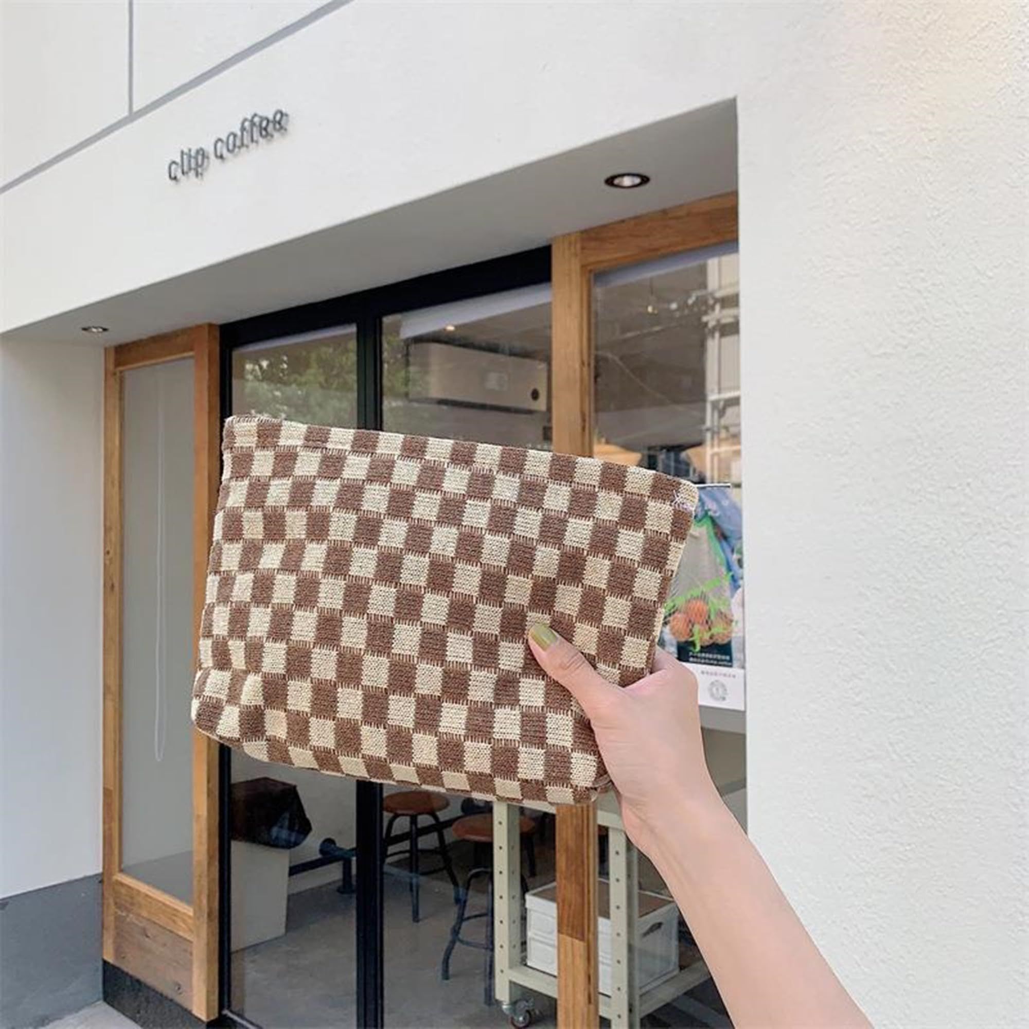 Cosmetic Bag Cute Makeup Bag Accessories Aesthetic Make Up Bag Y2k Purse Checkered Makeup Bag Cosmetic Bag for Women (Brown) — image 5