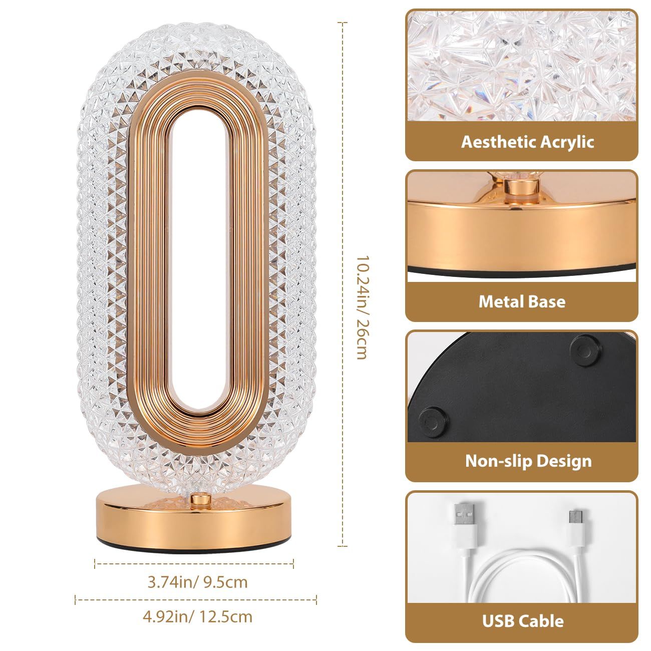 Oval Table Lamp, Stepless Dimmable Touch Lamp with 3 Colors, Rechargeable Night Light with USB Port, Crystal Modern Oval Light — image 3