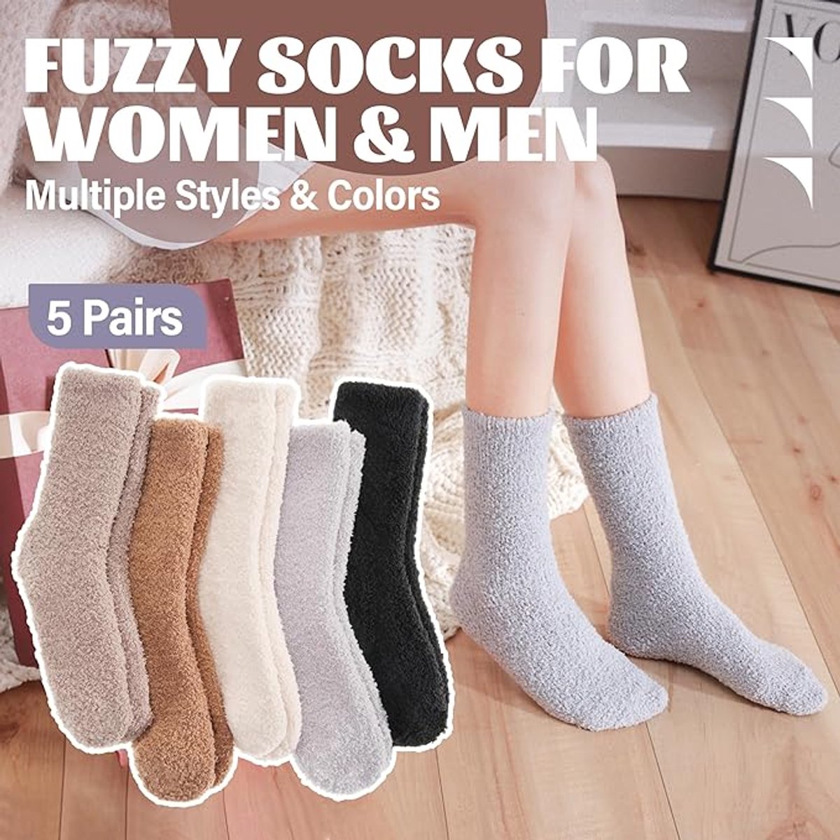 5 Pairs - socks - Warm Fuzzy Fleece Socks - Women's House Socks - Warm Winter Socks - Fluffy Socks - Sleep Socks - House Socks - Stockings - keep warm - coral — image 5