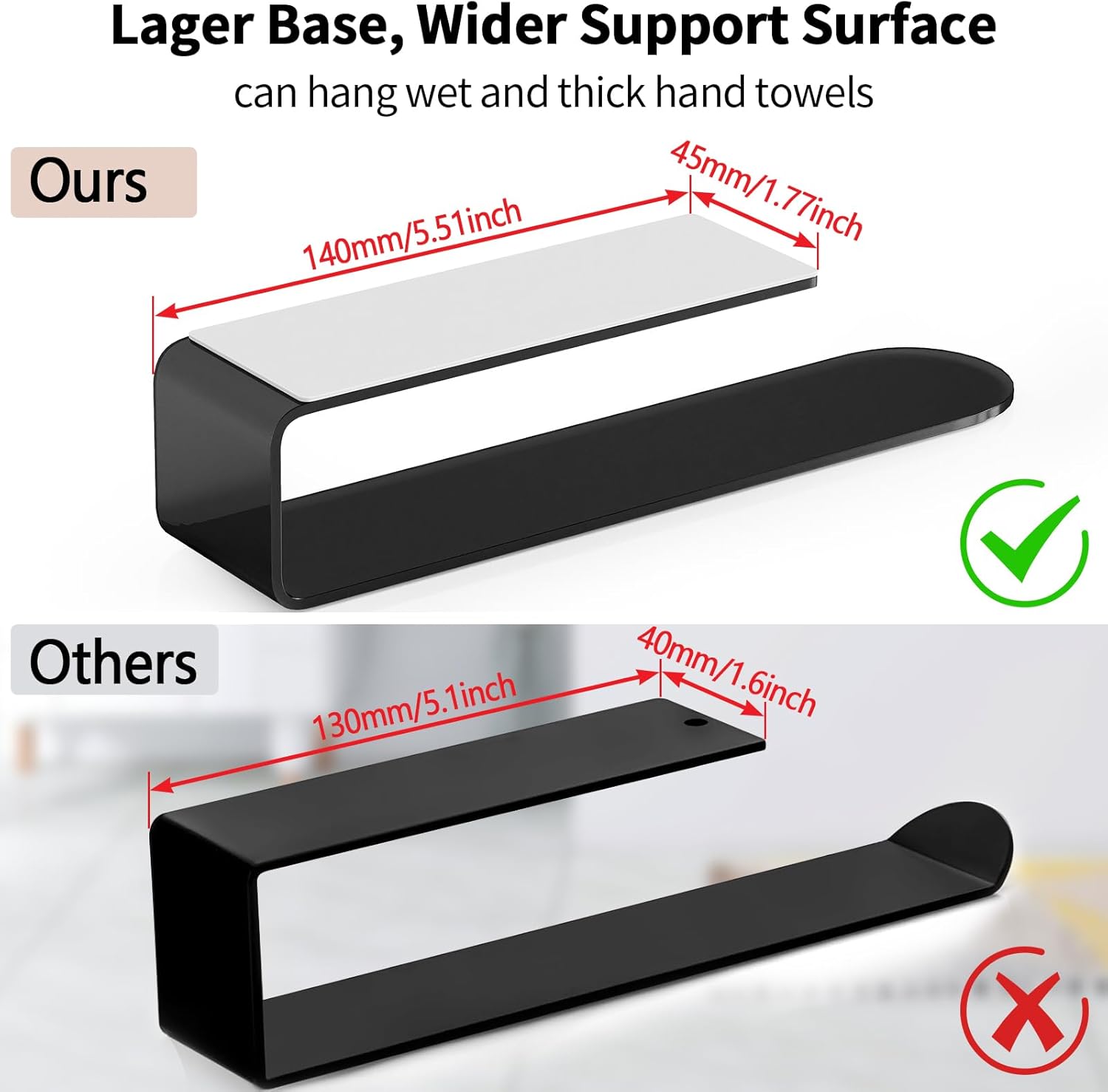 Hand Towel Holder, Self Adhesive Towel Racks for Bathroom Wall Mounted, 8 Inch Square Hand Towel Bar Stick on Wall for Kitchen Cabinet RV, Black (2 Pack) โ image 2