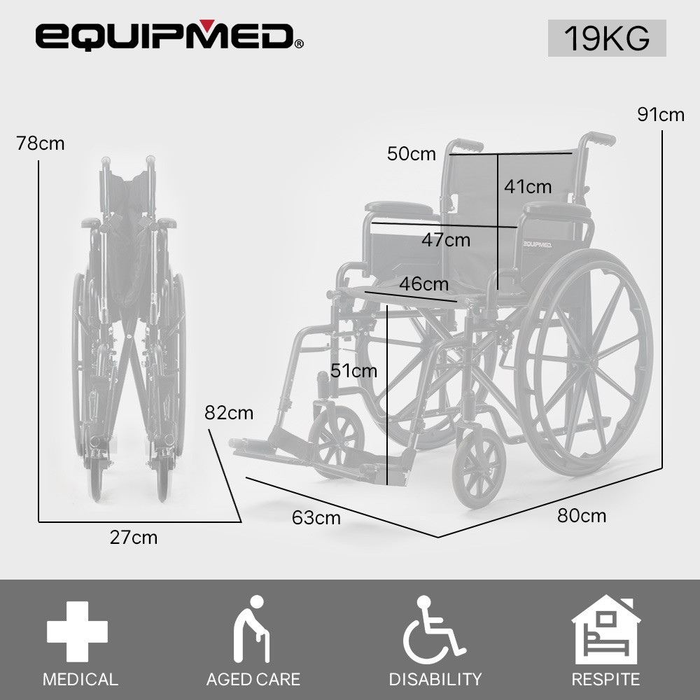 EQUIPMED Portable Folding Wheelchair 24 Inch 136kg Capacity Wheel Chair Retractable Armrests, Black — image 6