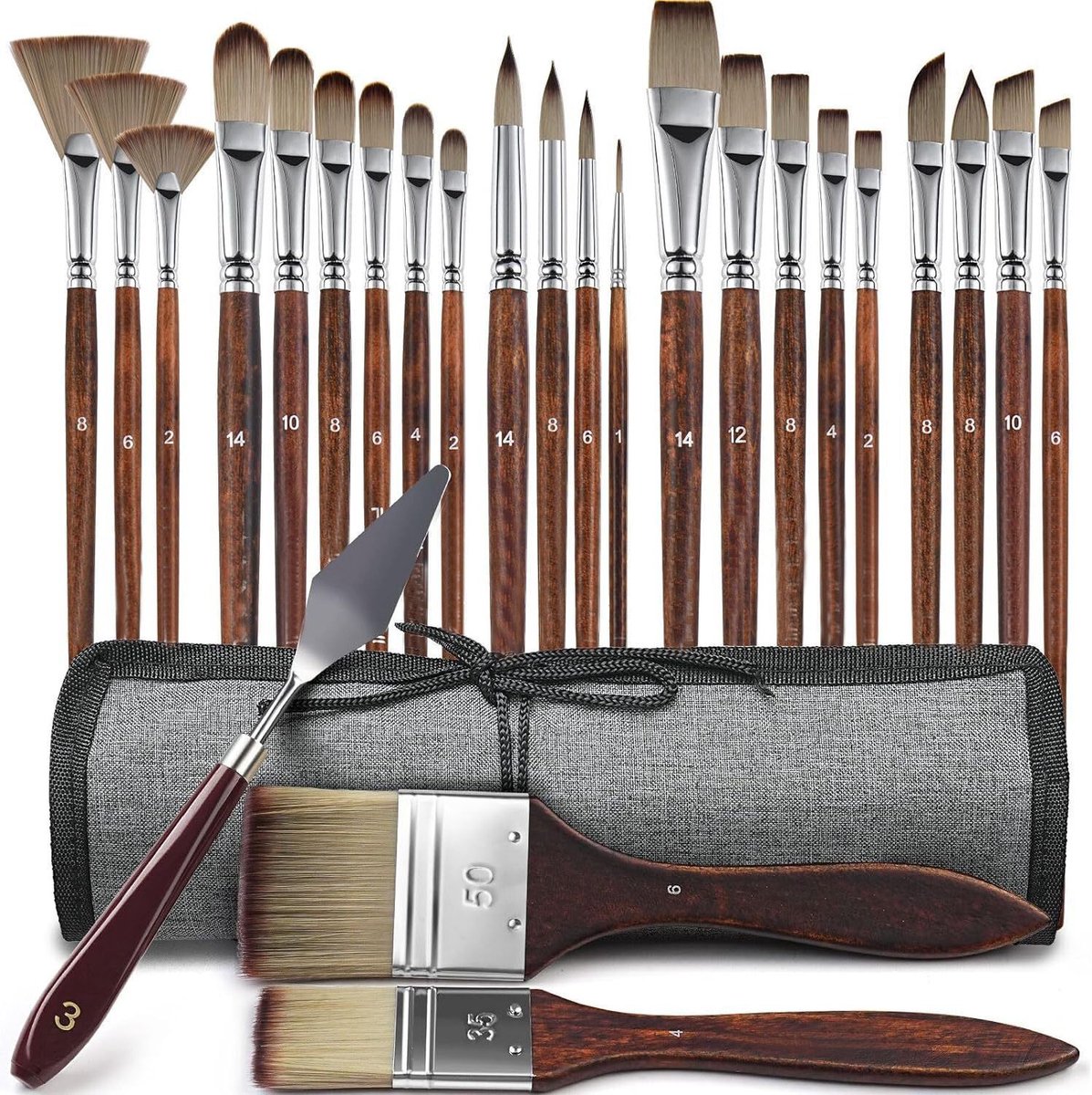 Acrylic Brush Set - 25 Premium Synthetic Brushes with Fabric Tray and Drawing Board, Suitable for Acrylic, Watercolor, Oil, and Gouache | No Hair Shedding