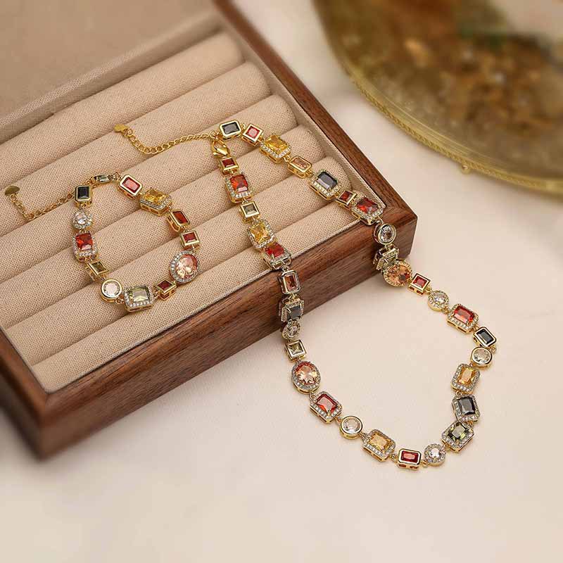 Gold Elegant Light Luxury Geometric Colorful Gemstone Bracelet (L: 16-21CM) - Copper Cuban Chain Cuff โ image 2