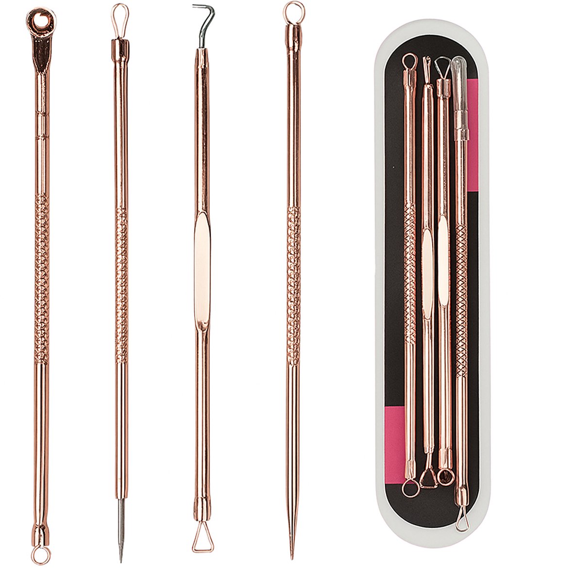 4-Piece Set of Comedone Spoons | Blackhead & Acne Removal | Acne | Comedone Spoon | Comedone Extractor | Pimple Removal | Stainless Steel | Rose Gold