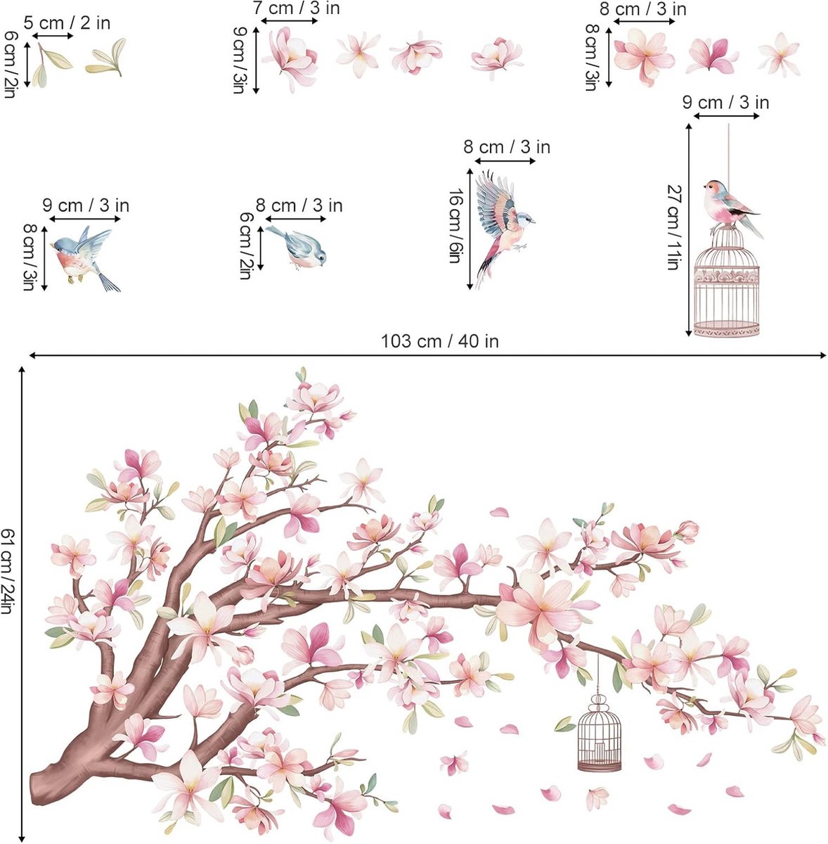 Wall sticker - living room decoration wall - Wall decoration - for living room bedroom - 30*60cm - Branch Birds Flowers Wall sticker - PVC - colorful โ image 5
