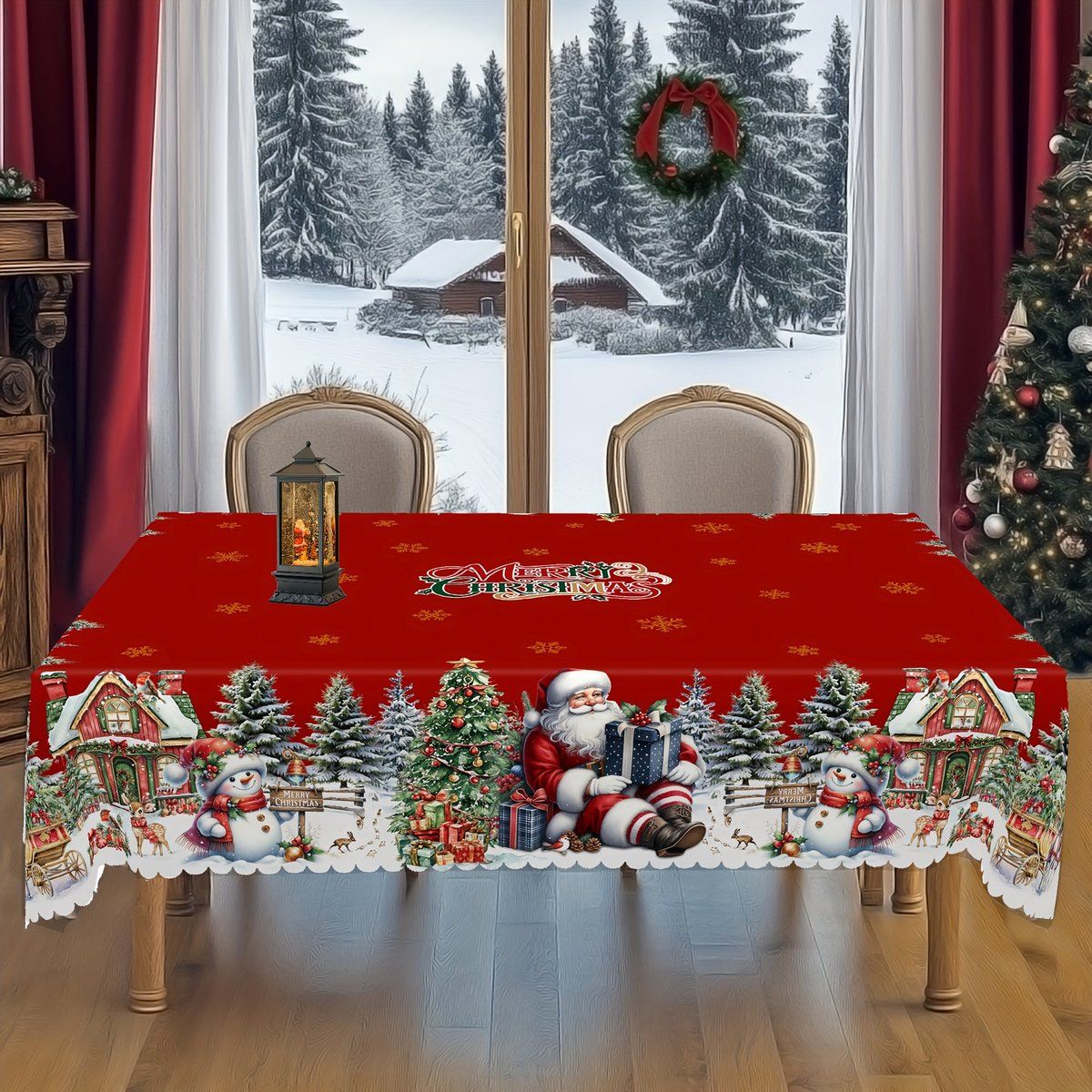 Christmas Tablecloth with Santa, Snowman and Christmas Tree Print, Rectangular Holiday Table Cover for Christmas and New Year, 150 x 220 cm โ image 2
