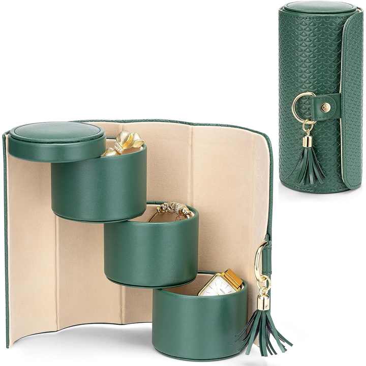 Beige and Pink Elegant 3-Tier Cylindrical Travel Jewellery Box - PU Leather Organizer for Rings Earrings Necklaces with Tassel Charm โ image 4