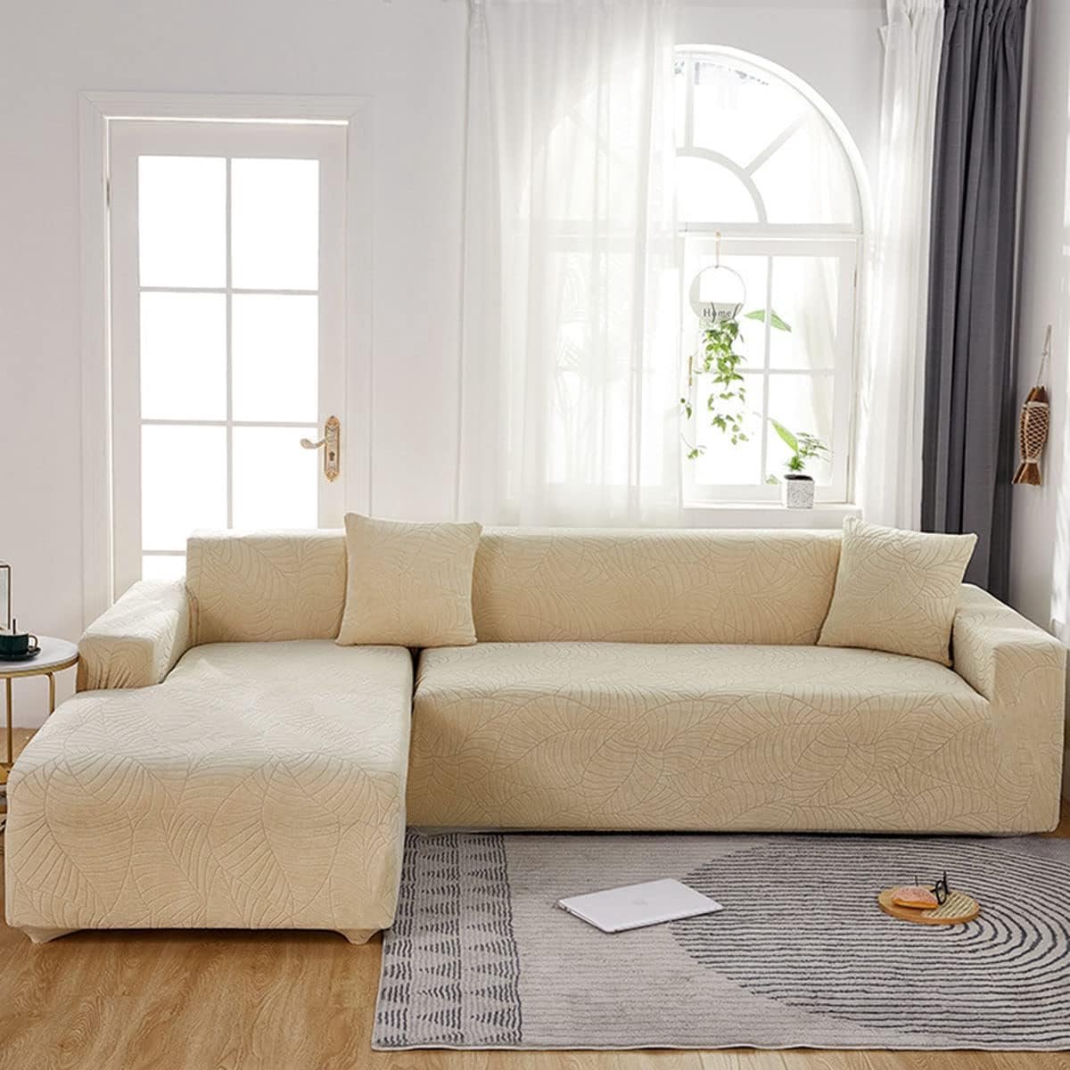Waterproof sofa cover - Beige jacquard leaf pattern - For single sofa (90-140 cm)