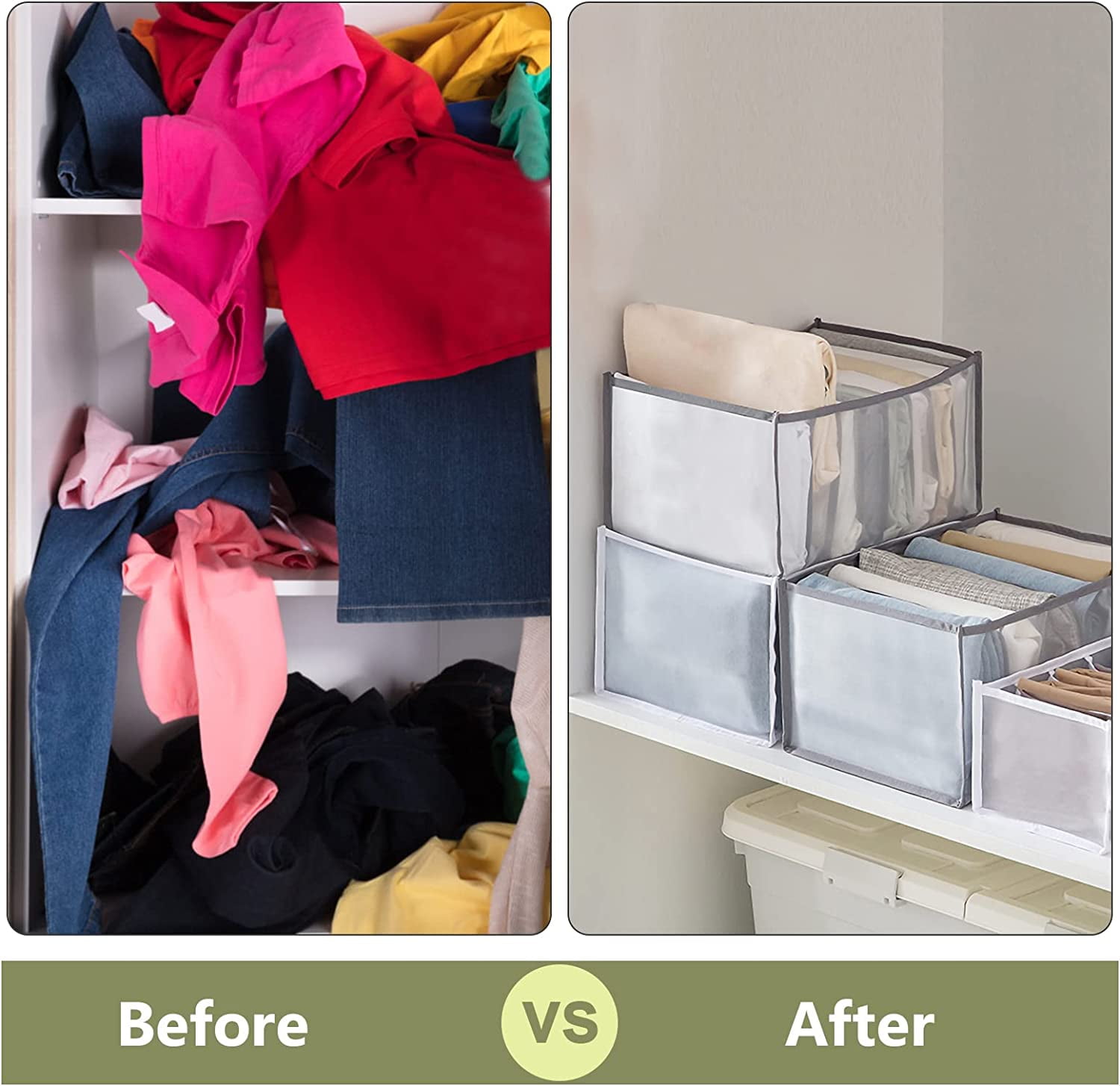 Wardrobe Clothes Organizer for Jeans, Upgraded Drawer Organizers for Clothing with Handle Foldable, Drawer Organizers Clothes(Gray,1PCS-M) 2PCS-7 Cell(L+ M) β image 4