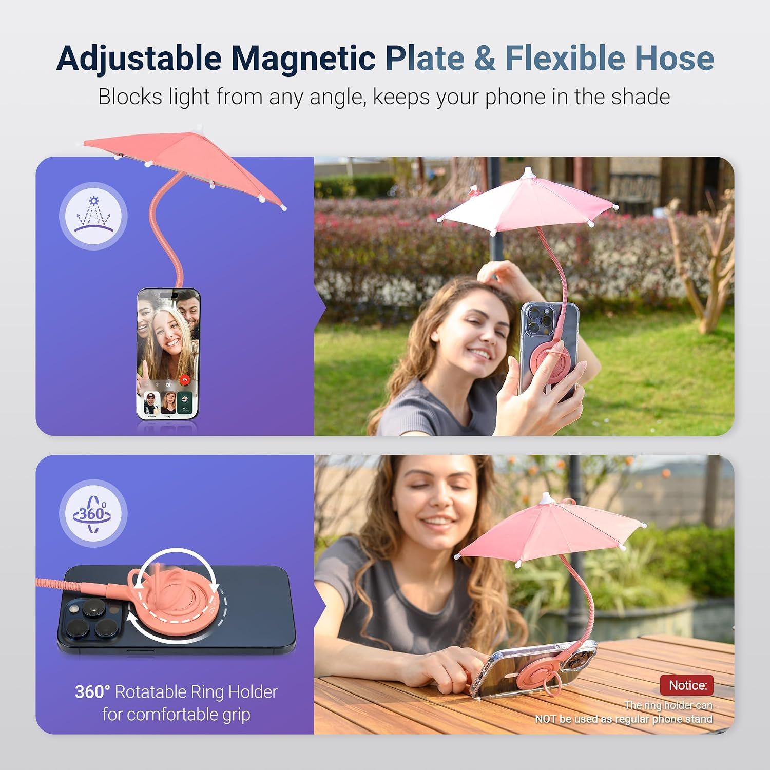 Pink+ Yellow:Magnetic Cell Phone Umbrella for Sun,Outdoor Phone Sun Shade Shield — image 4