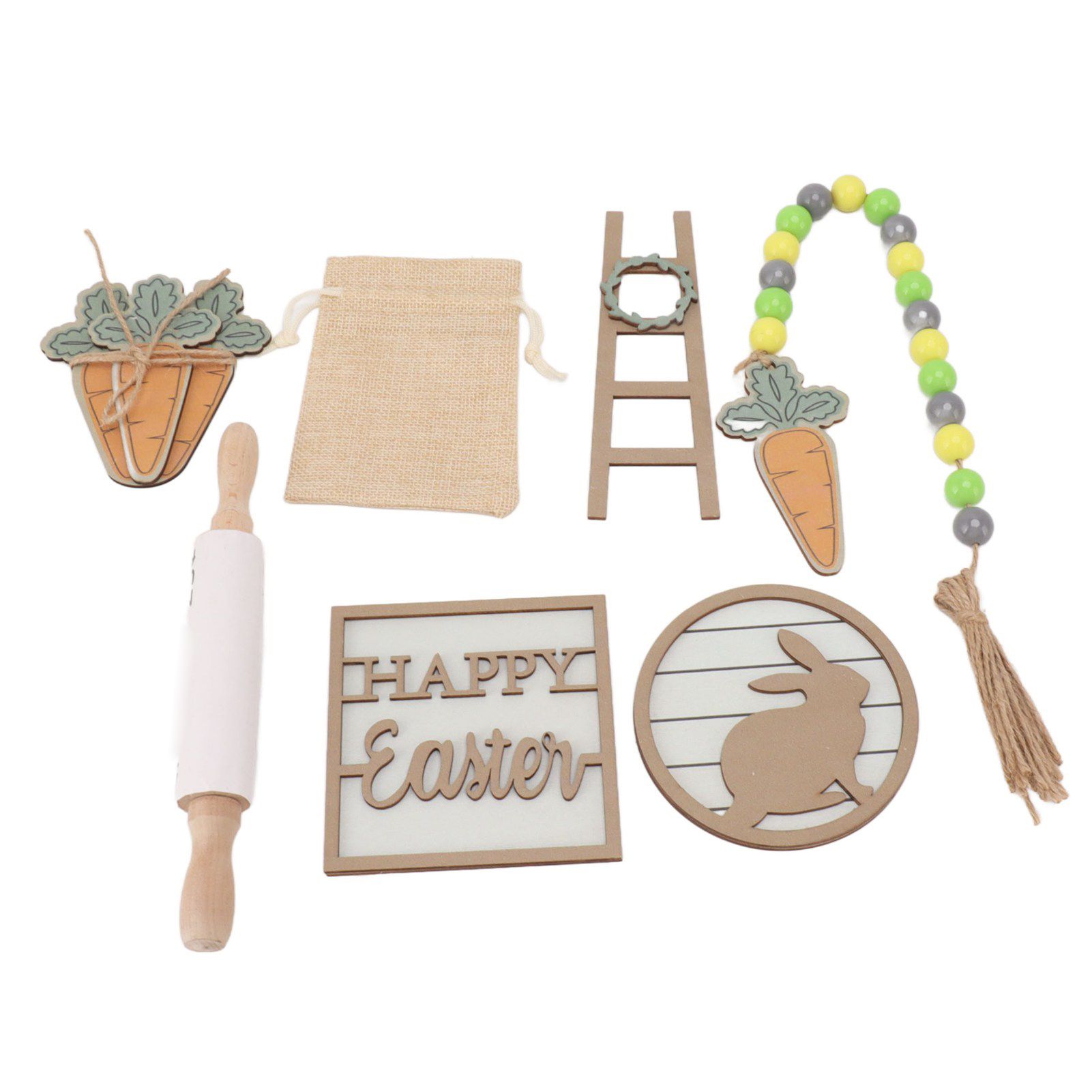 Easter Tiered Tray Decor Bunny Carrot String Bead Rolling Pin Ladder Wooden Easter Tray Decoration — image 4