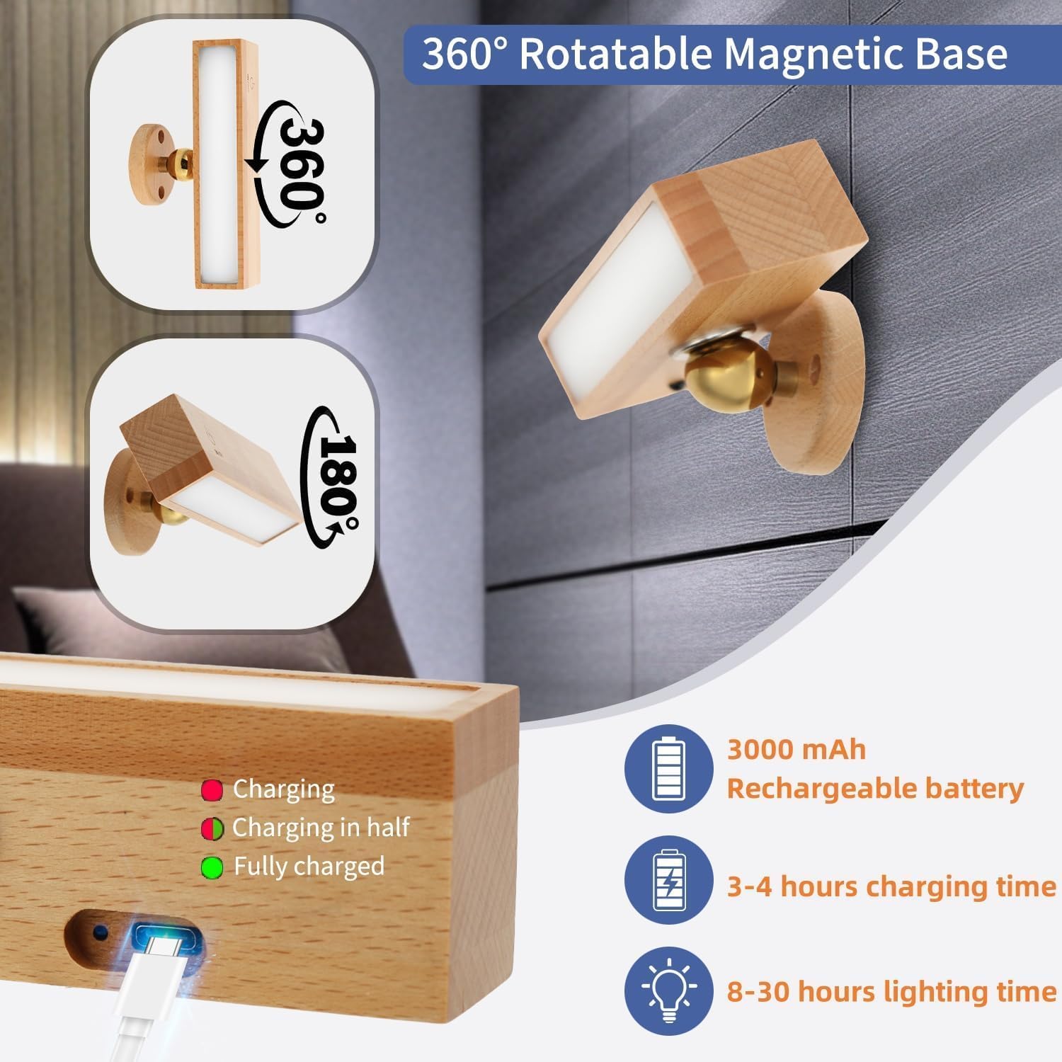 Indoor wall lamp - Wooden LED wall lamp with wireless charging - Bedroom wall lamp - 360° rotating touchscreen dimmable light - Drill-free installation — image 2