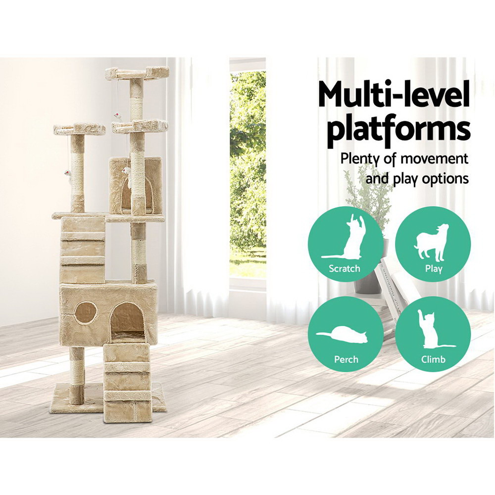 i.Pet Cat Tree 180cm Tower Scratching Post Scratcher Wood Condo House Toys Beige — image 3
