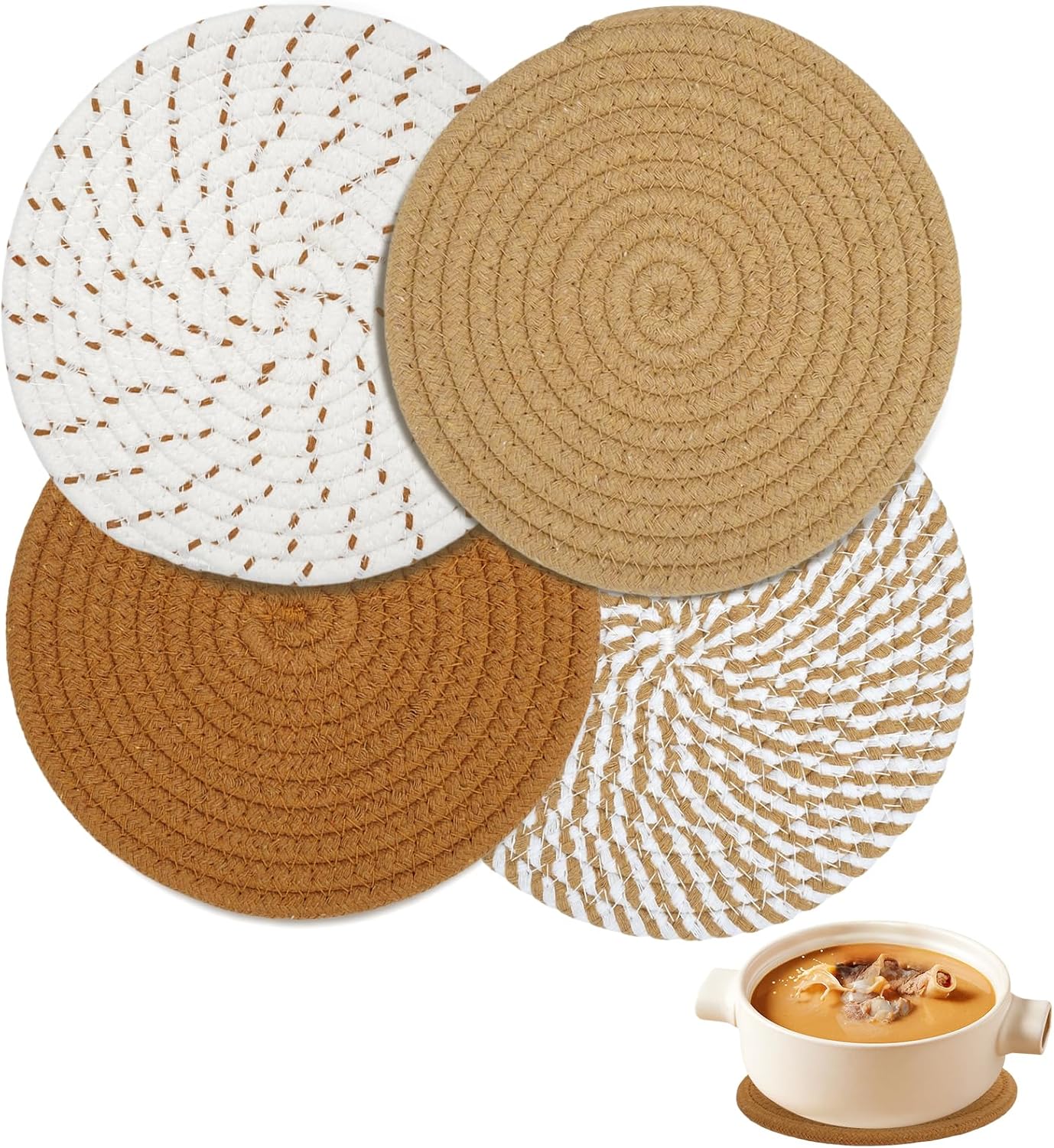 4 Pack Woven Cotton Coasters, Heat Resistant Round Drink Mats for Coffee Cups, Mugs and Dining Tables, 11 cm, Brown, White and Beige