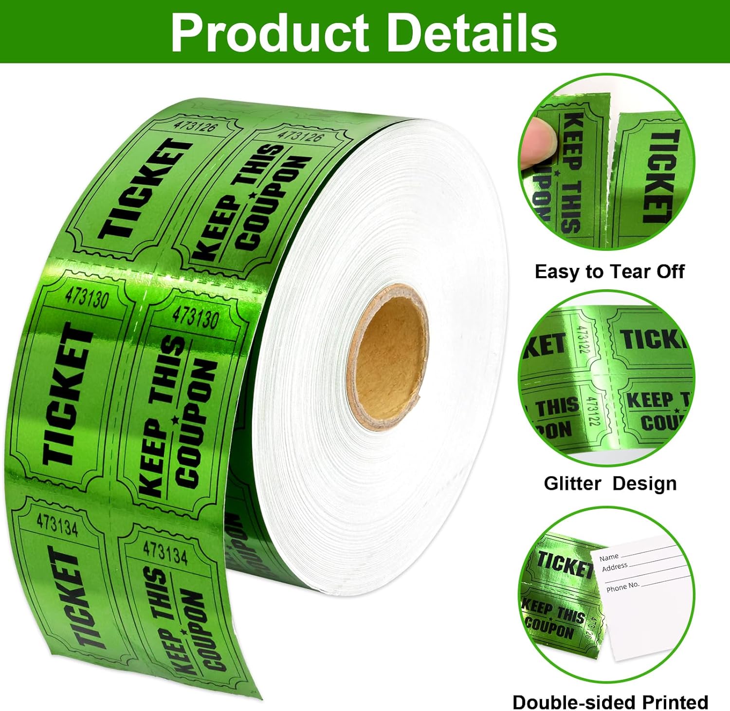 ceiba tree 1000 Raffle Tickets Double Roll Metallic Green Foil Ticket for Events Carnivals Entry Class Reward Prizes Party Supplies โ image 4
