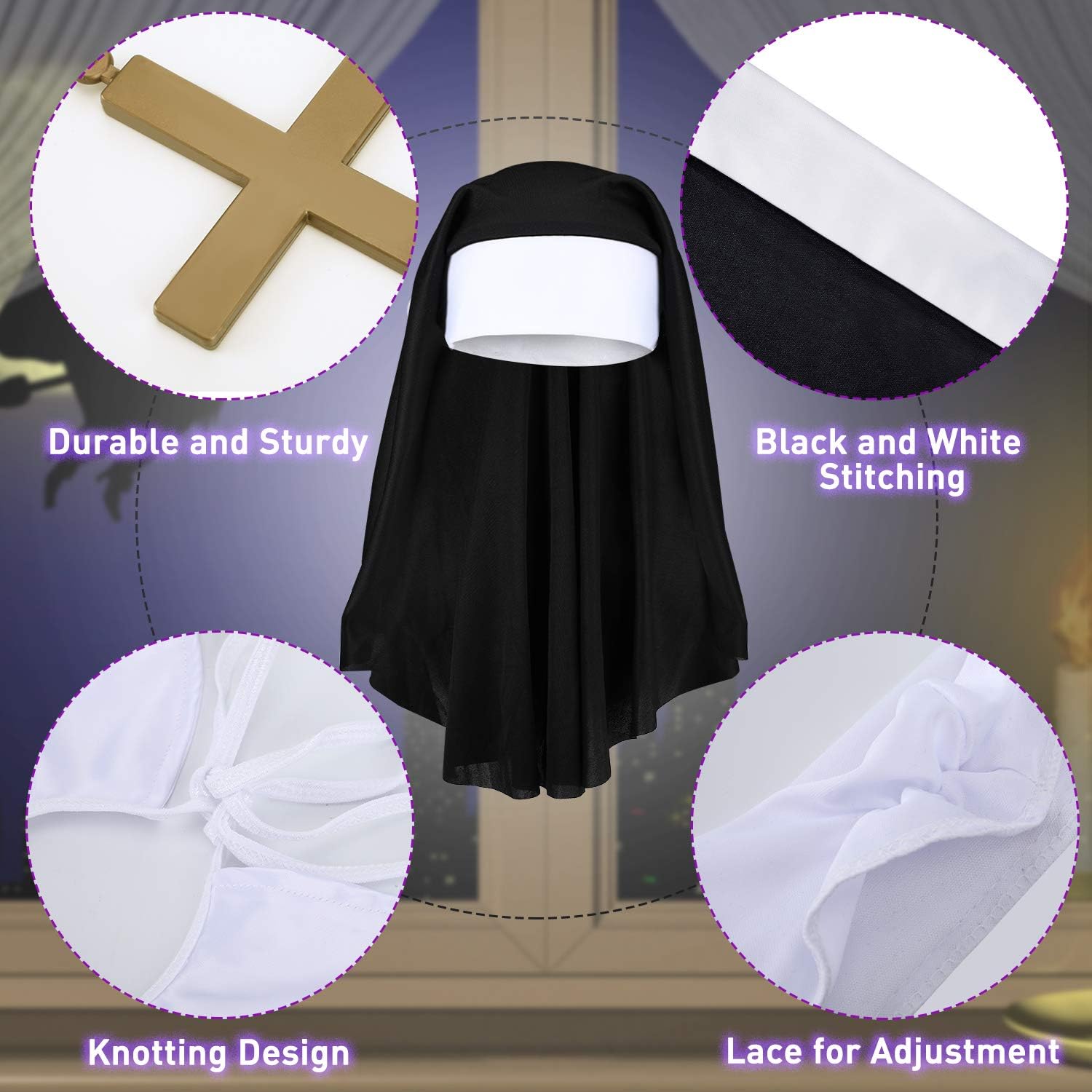 2 Sets Halloween Nun Costume Set Plastic Gold Cross Nun Habit Costume Set Hat White Collar Gold Cross Pendant for Woman โ image 5