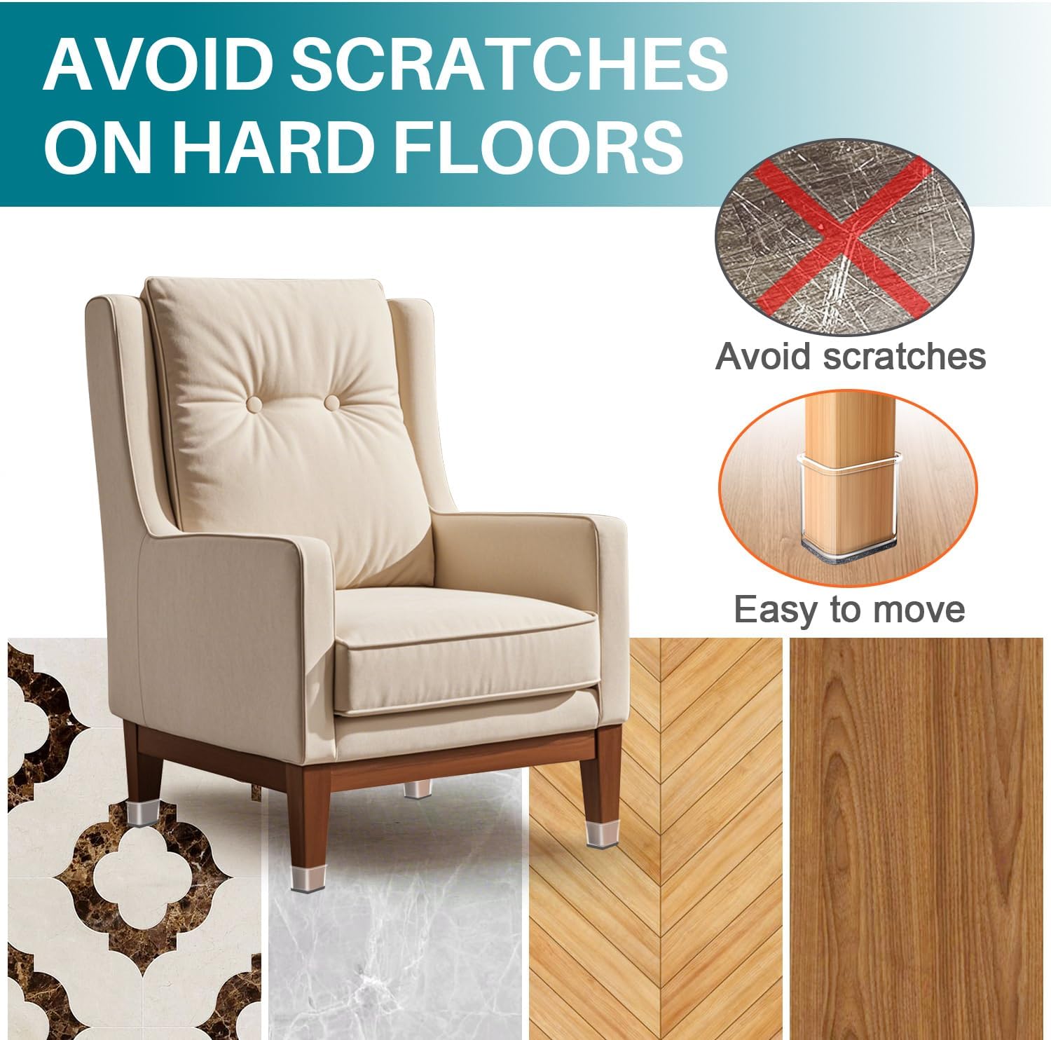 Ansible 24 Pcs Chair Leg Floor Protectors Square, Silicone Felt Furniture Leg Pads Caps Covers for Hardwood Floors (Fit:1-1/16" to 1-5/8") — image 2