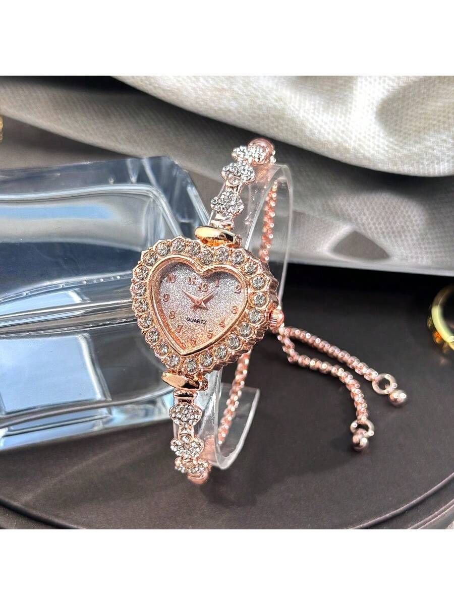 1pc Women Metal Chain Bracelet Watch Fashionable Heart Shaped Case Arabic Scale Dial Drawstring Adjustable Size Daily Decoration Ideal Valentine s Day Gift — image 3