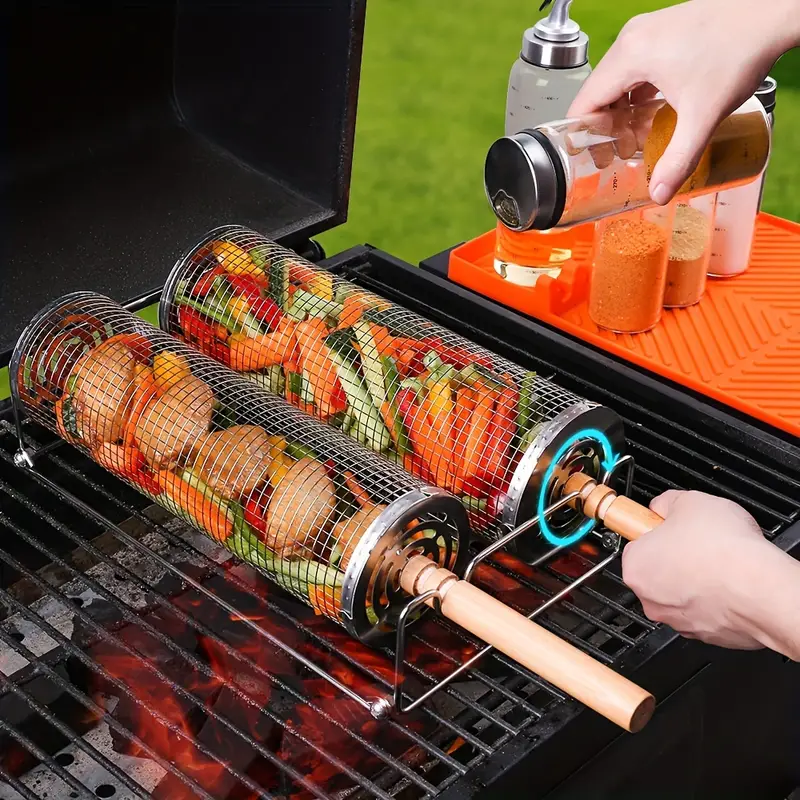 2-Pack Stainless Steel Rotating Grill Baskets with Removable Wooden Handle – Durable 304 Mesh for Veggies, Prawns & More – Perfect for BBQ, Camping & Outdoor — image 3