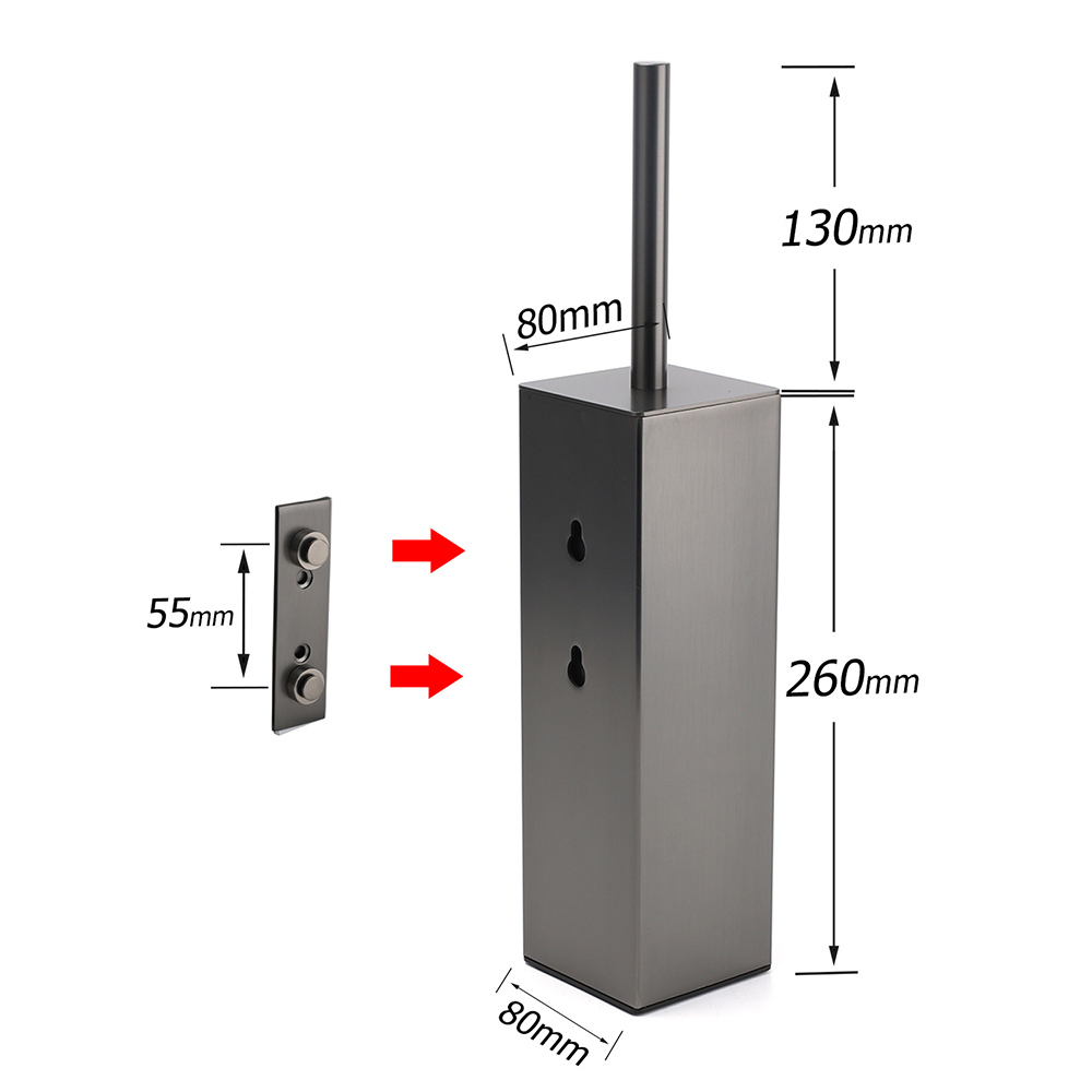 Bathroom Gun Metal Grey Square Toilet Brush 304 Stainless Steel Holder Cup Kit โ image 2