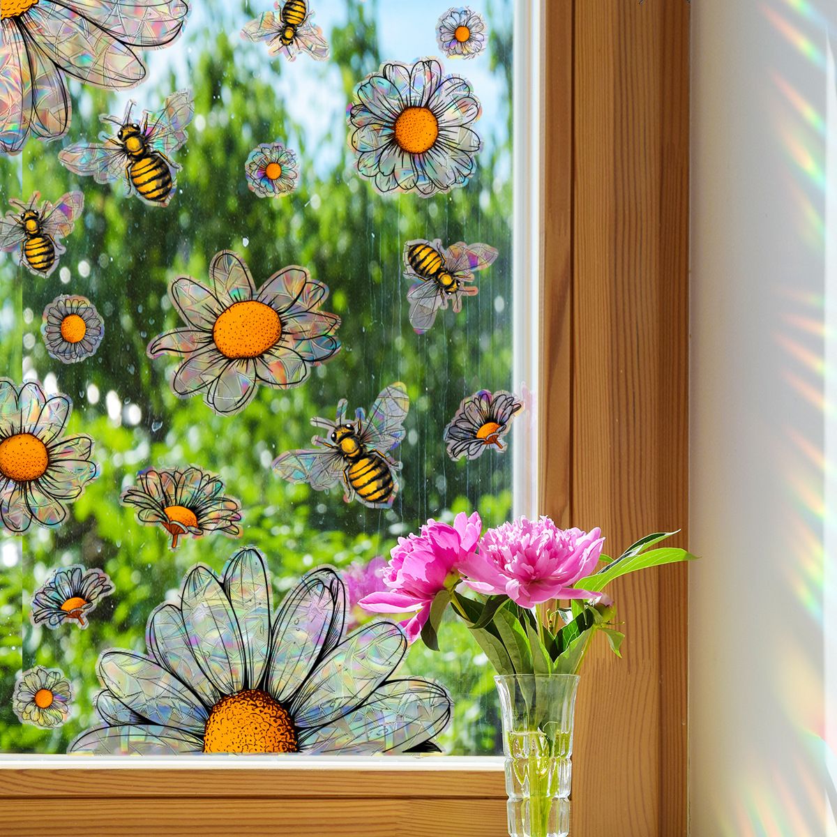 Bee Window Clings Bee Flower Window Stickers Double-Side Bee Floral Window Stickers Art Decor for Spring Party Supplies — image 2
