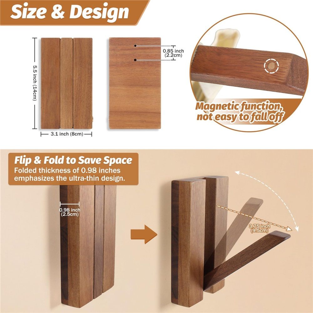 Foldable Wall Hooks 2Pack: Rustic Wooden Coat Hooks Mounted for Heavy Duty Hanging Hats Bags Beach Towels, Space Saving Minimalist Design for — image 4