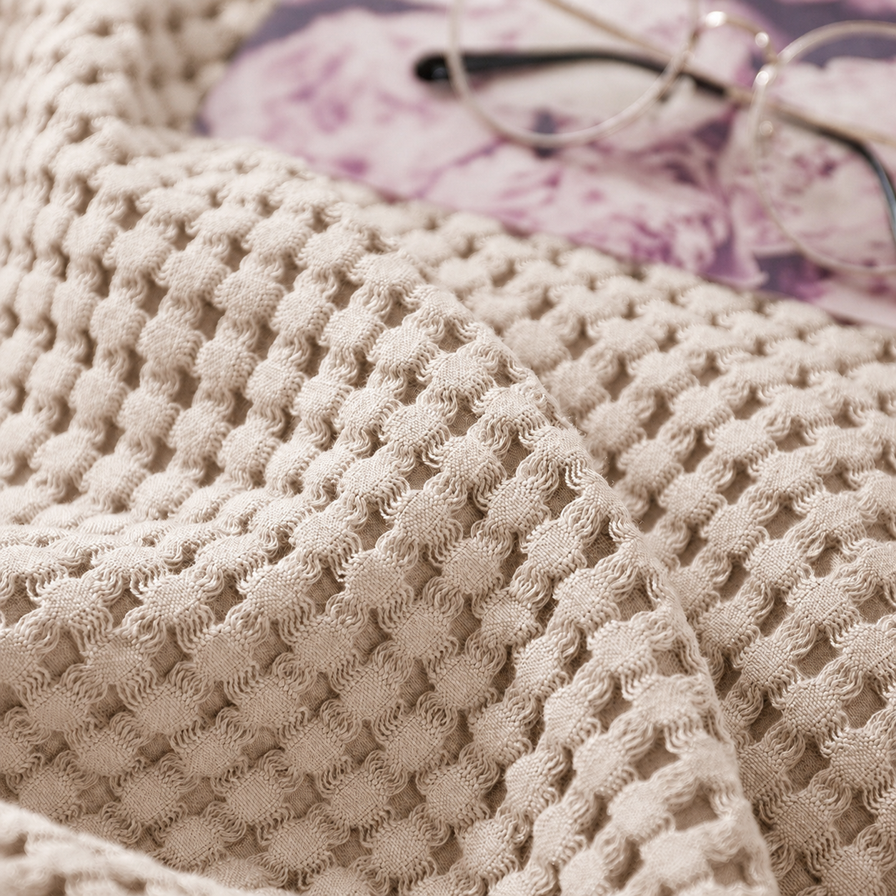 Cotton Waffle Blanket - Beige Textured Throw 110x160cm for Sofa, Office and Travel Use โ image 3
