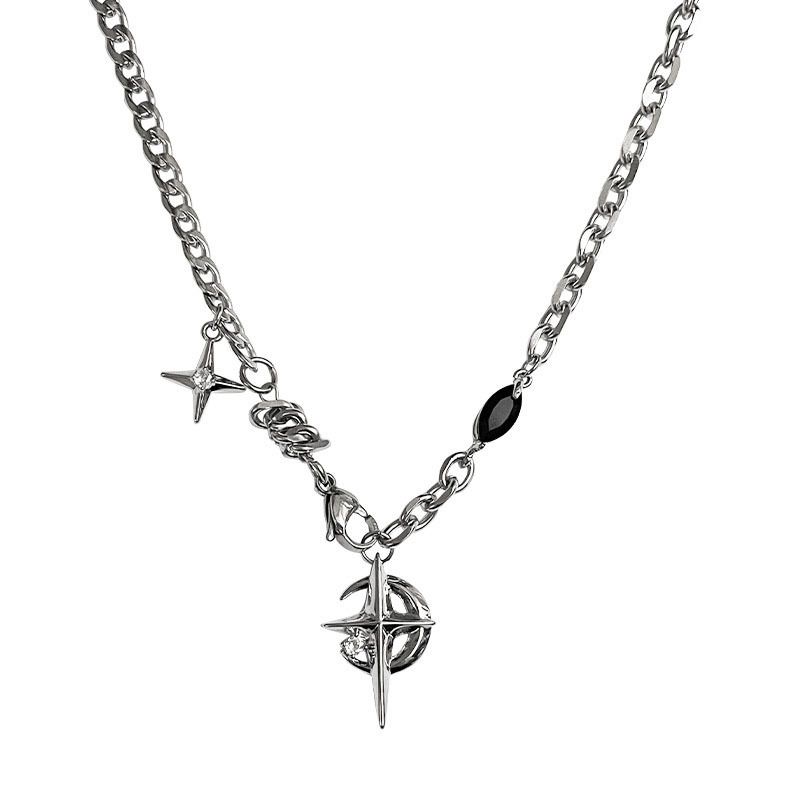 Gothic Cross & North Star Dual-Pendant Splicing Necklace for Men and Women - Titanium Steel Iced Out Cuban Link Chain with Black Gemstone Accents