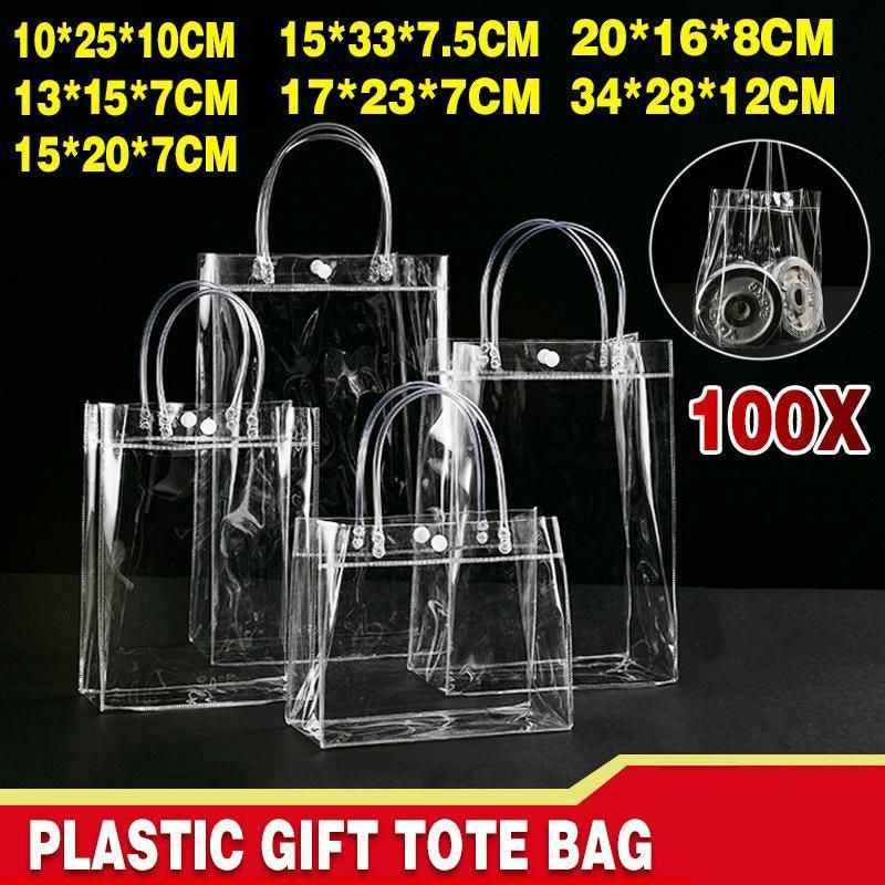 100x PVC Transparent Gift Tote Bag with Snap Button for Packaging - 13 × 15 × 7cm — image 2