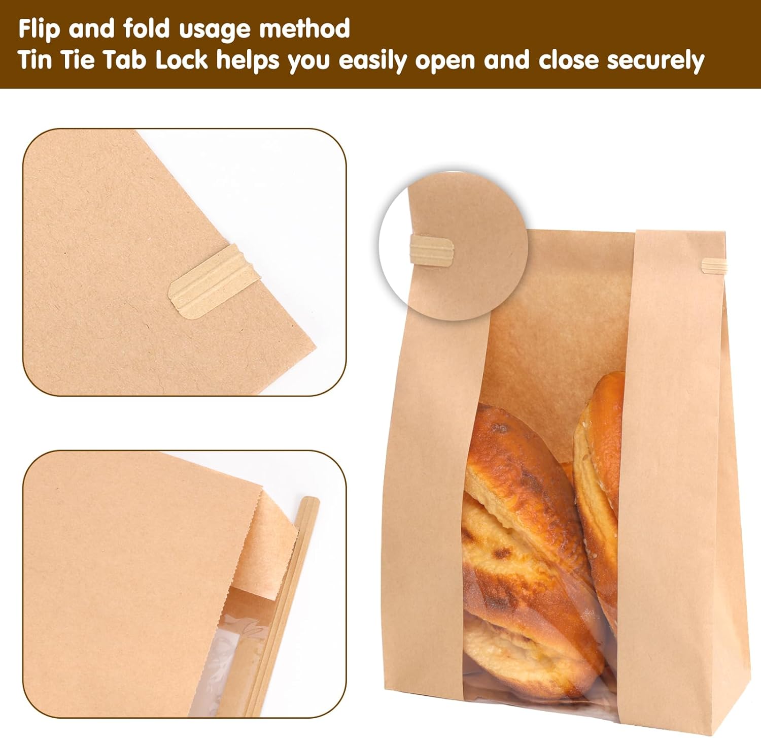 120 Pack Large Paper Bread Bags for Homemade Bread, 13.7 × 8.3 × 3.5 Inches, Sourdough Bread Bags with Tin Tie Tab and Clear Front Window, Includes 144 Label — image 4