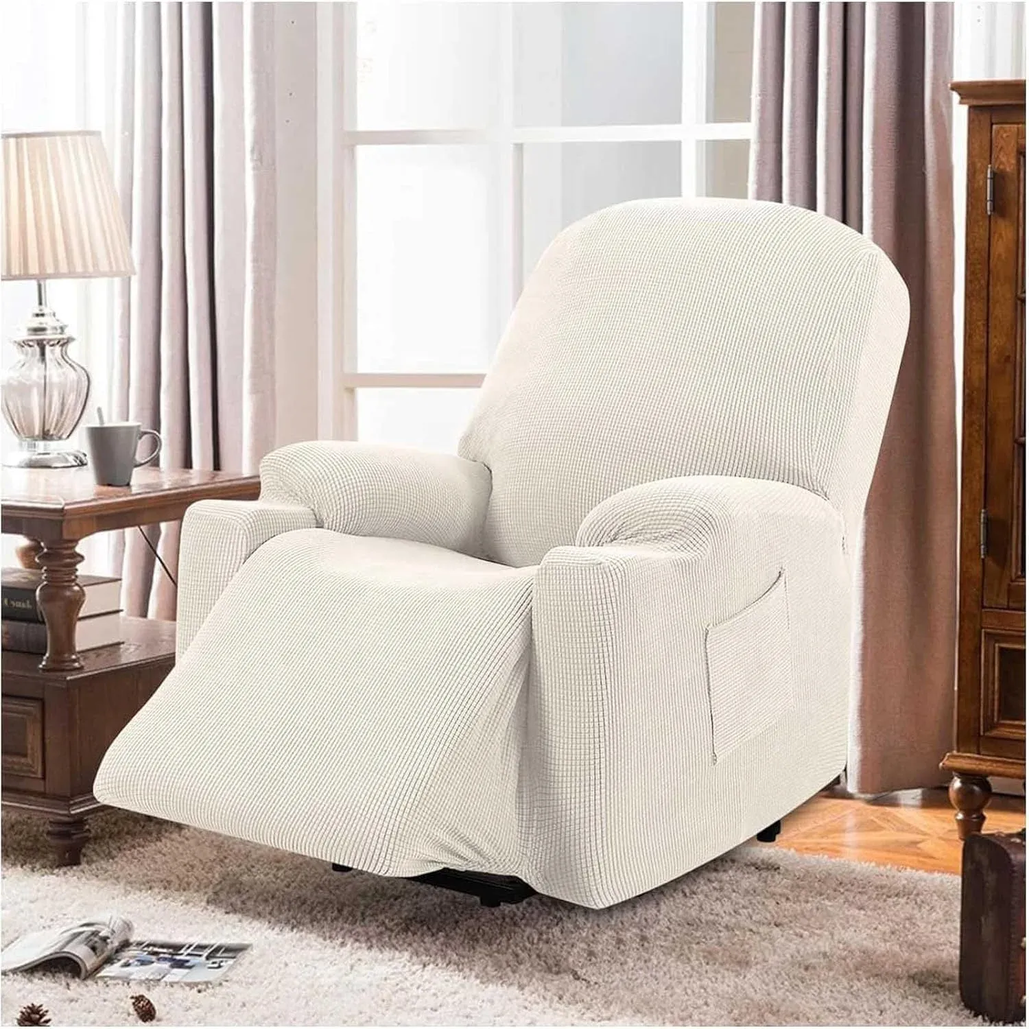 Power Lift Recliner Slipcover, High Stretch Soft Jacquard Fabric with Side Pocket, Fitted Cover for Standard Recliner Chair, Cream, Letter H Option โ image 6