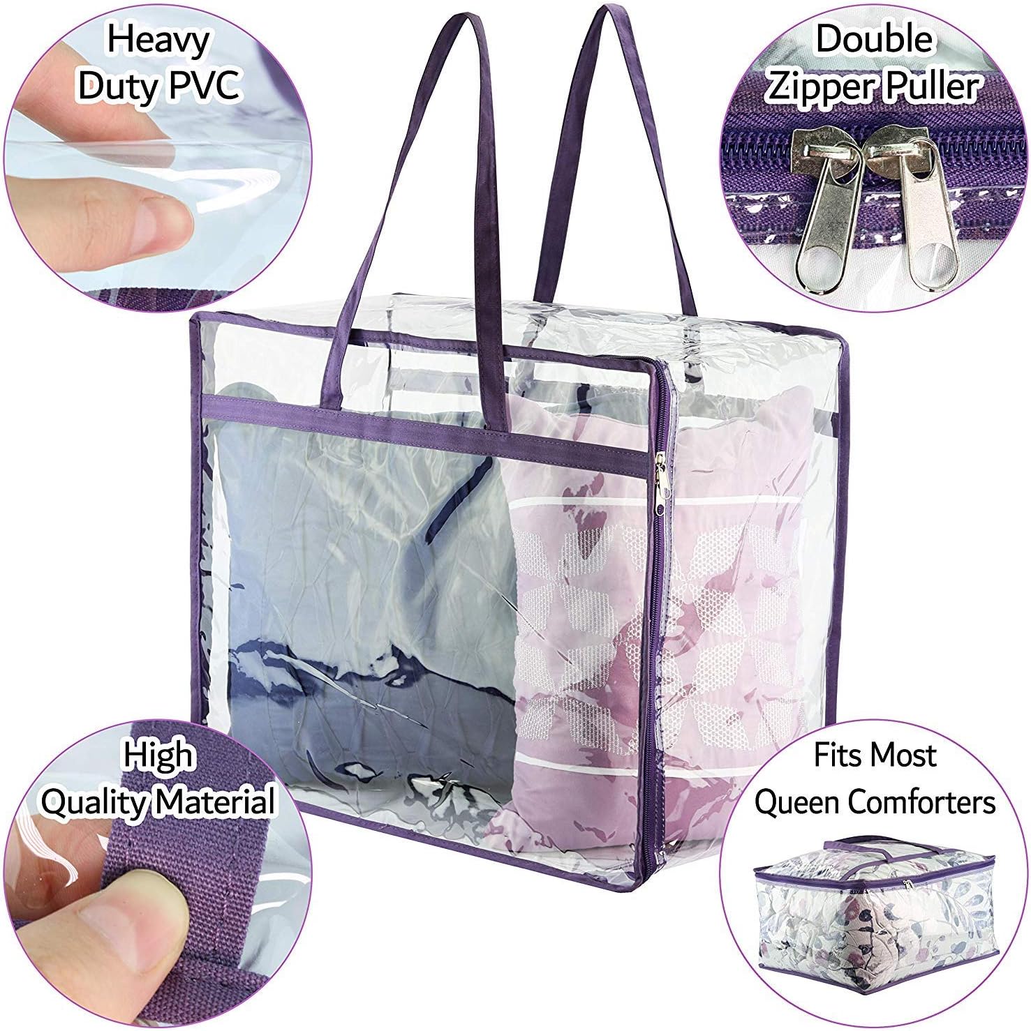 Clear Vinyl Zippered Storage Bags (3-Pack) 40L Sturdy Storage Bags for Sweaters, Blankets, Comforters, Bedding Sets and Much More! (Purple, 18x15x9) โ image 2