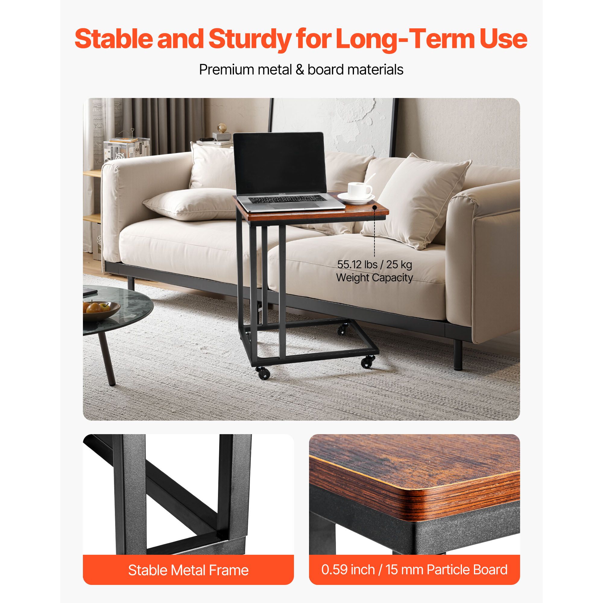 C Table, C Shaped Sofa Side Table with Metal Frame Rolling Casters, Portable C Shaped End Stand for Living Room Bedroom Office, 19.69 x 13.78 x 23.82 inches — image 4