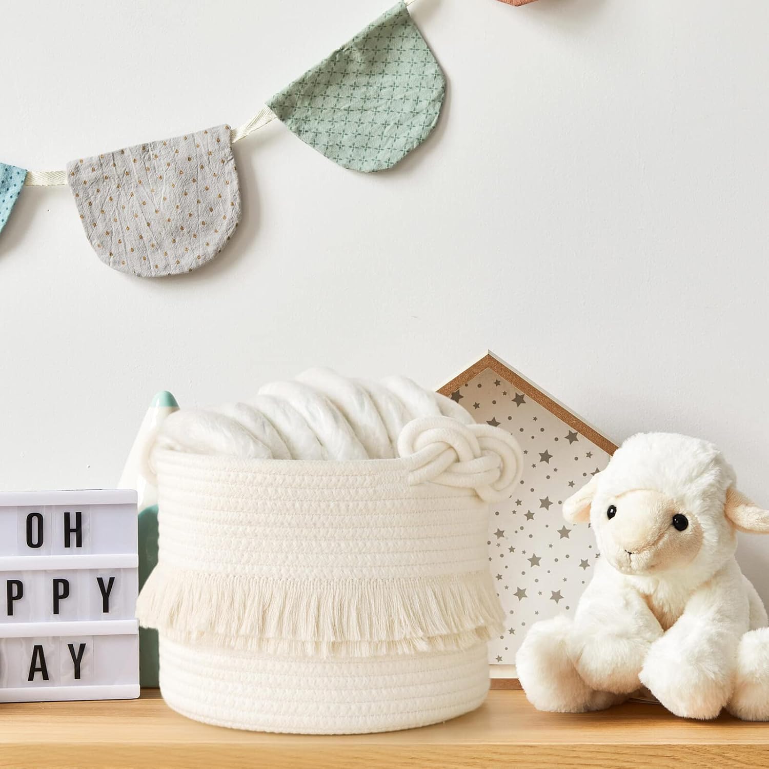 Cotton Storage Basket with Tassels 18x24cm White Decorative Woven Organizer for Bedroom Living Room Kids Room Boho Style — image 5